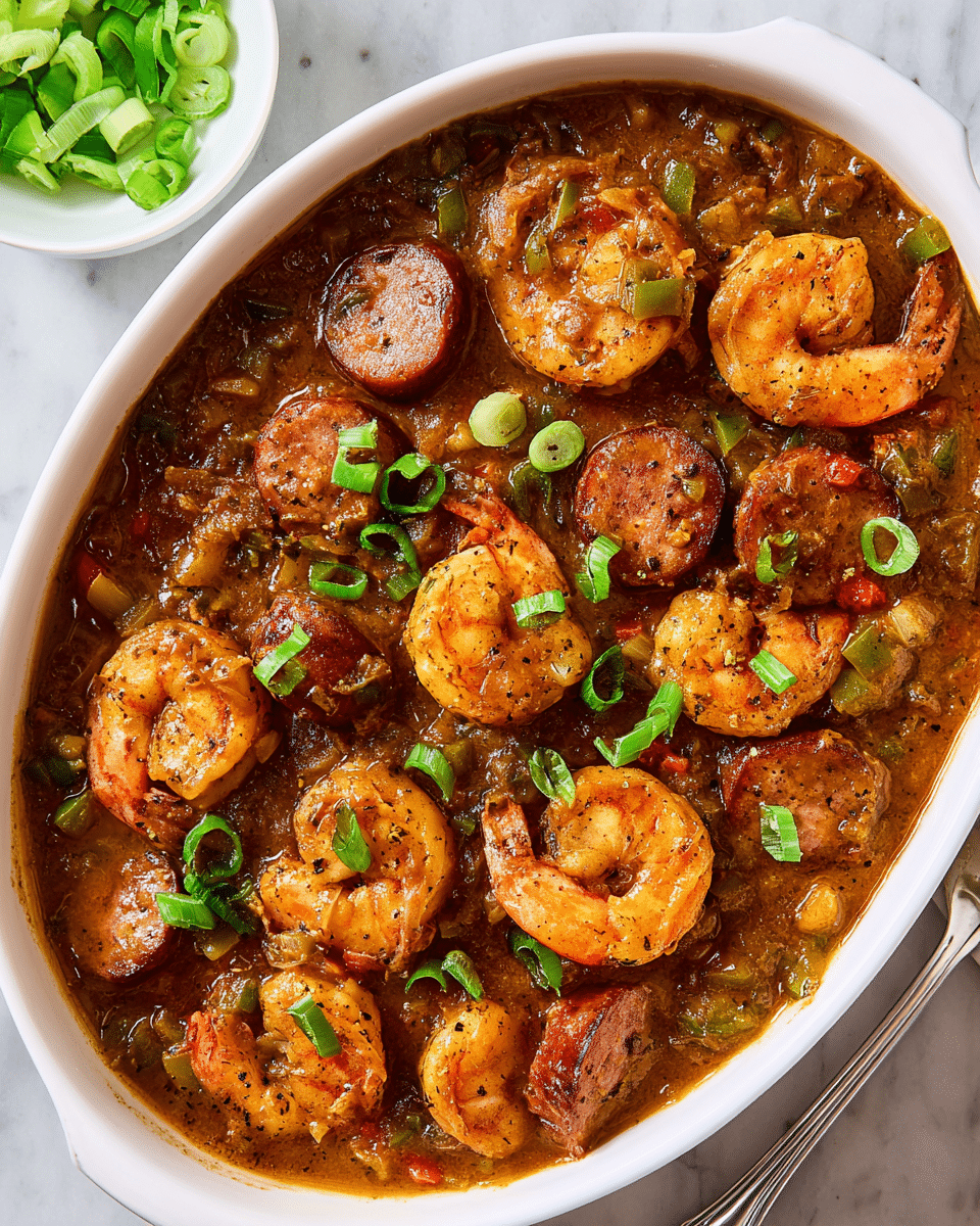 A white oval dish filled with a rich brown gumbo sauce, with about two layers of ingredients visible; the top layer has golden-brown cooked shrimp with a slight sheen and browned sausage slices with a crispy outside, both mixed into the thick sauce. The sauce has visible small chopped green and red peppers and onions, giving a chunky texture, and the dish is garnished with bright green sliced scallions scattered on top. The dish sits on a white marbled surface with a small white bowl of extra sliced scallions to the upper left. photo taken with an iphone --ar 4:5 --v 7