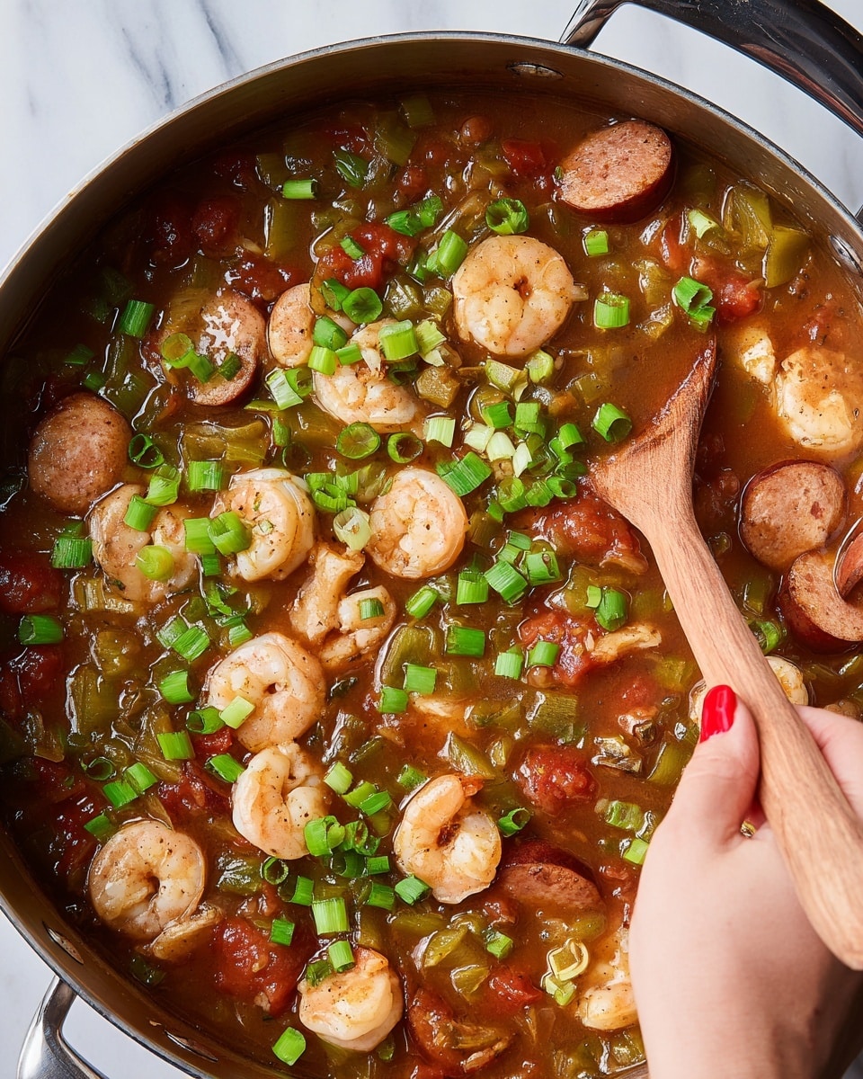 A close-up image shows a large metal pot filled with thick stew containing multiple layers of ingredients. The base layer is a brown, rich sauce mixed with chunks of red tomatoes, light green chopped celery, and dark green sliced green onions scattered throughout. On top of this sauce are pale pink cooked shrimp and slices of light brown sausage, visible all over the surface. A woman's hand with painted red nails holds a wooden spoon, stirring the stew, and the pot rests on a white marbled surface. Photo taken with an iphone --ar 4:5 --v 7