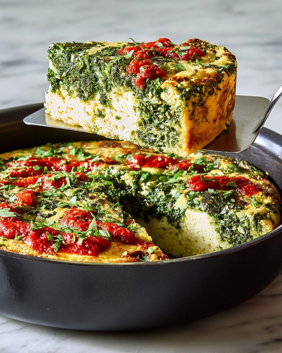 A thick round savory dish in a black pan with two main layers: the bottom layer is pale yellow with a firm, airy texture, likely made of eggs or tofu, and the top layer is a vibrant green spinach mixture with a coarse texture, speckled with red sauce dollops arranged irregularly. Fresh green herbs are sprinkled on top for garnish. A slice is cut and lifted with a metal spatula, clearly showing the two distinct layers stacked evenly, with the red sauce sitting slightly on both layers. The pan is set on a white marbled surface. Photo taken with an iphone --ar 4:5 --v 7