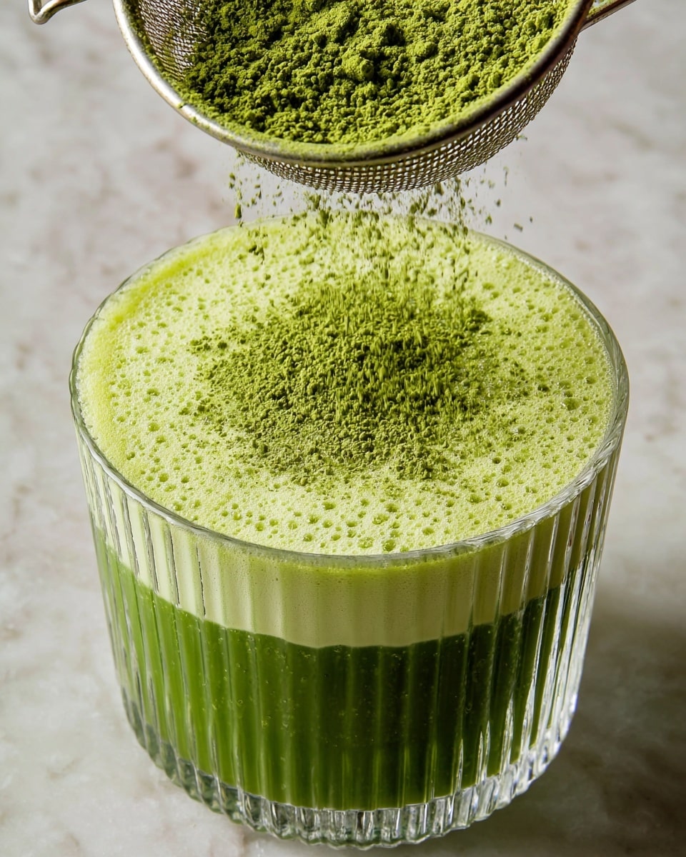 A clear glass with ridges holds a two-layer green matcha drink. The bottom layer is a thick, deep green with a rough texture, and the top layer is a lighter, creamy green foam. A fine green powder is being sifted over the top, lightly covering the foam and edges of the glass. The background is a white marbled texture. photo taken with an iphone --ar 4:5 --v 7