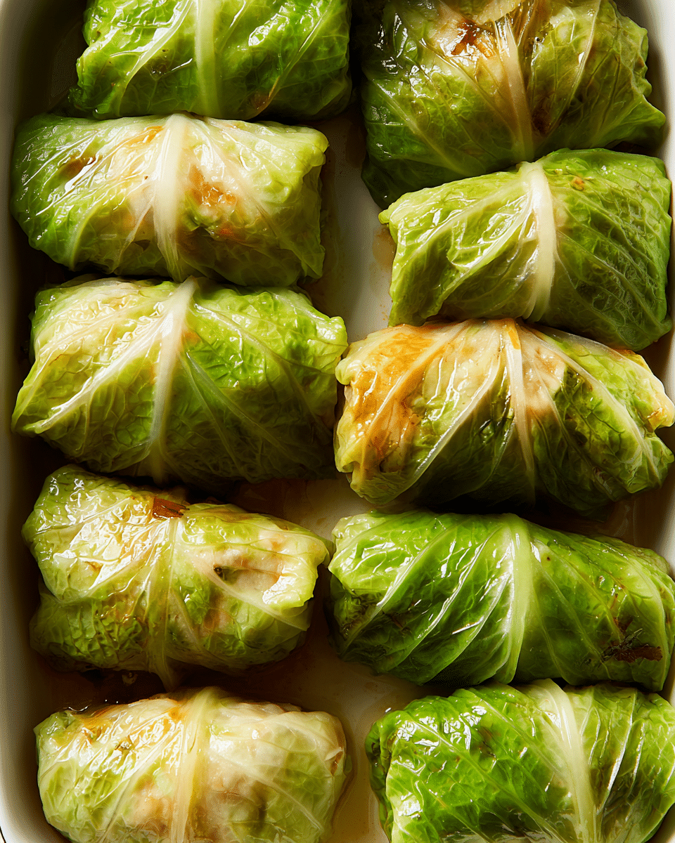The image shows a close-up of many cabbage rolls tightly packed in a white rectangular dish placed on a white marbled surface. Each roll is wrapped in glossy light to medium green cabbage leaves, some showing slightly translucent textures with visible veins and folds. Inside the thin green layers, there are fillings with hints of light brown, beige, and small pieces of green herbs. The rolls have some browned spots and slight wetness, suggesting they are cooked and juicy. The overall look is fresh and neat with a mix of smooth and slightly wrinkled textures on the cabbage leaves. Photo taken with an iphone --ar 4:5 --v 7