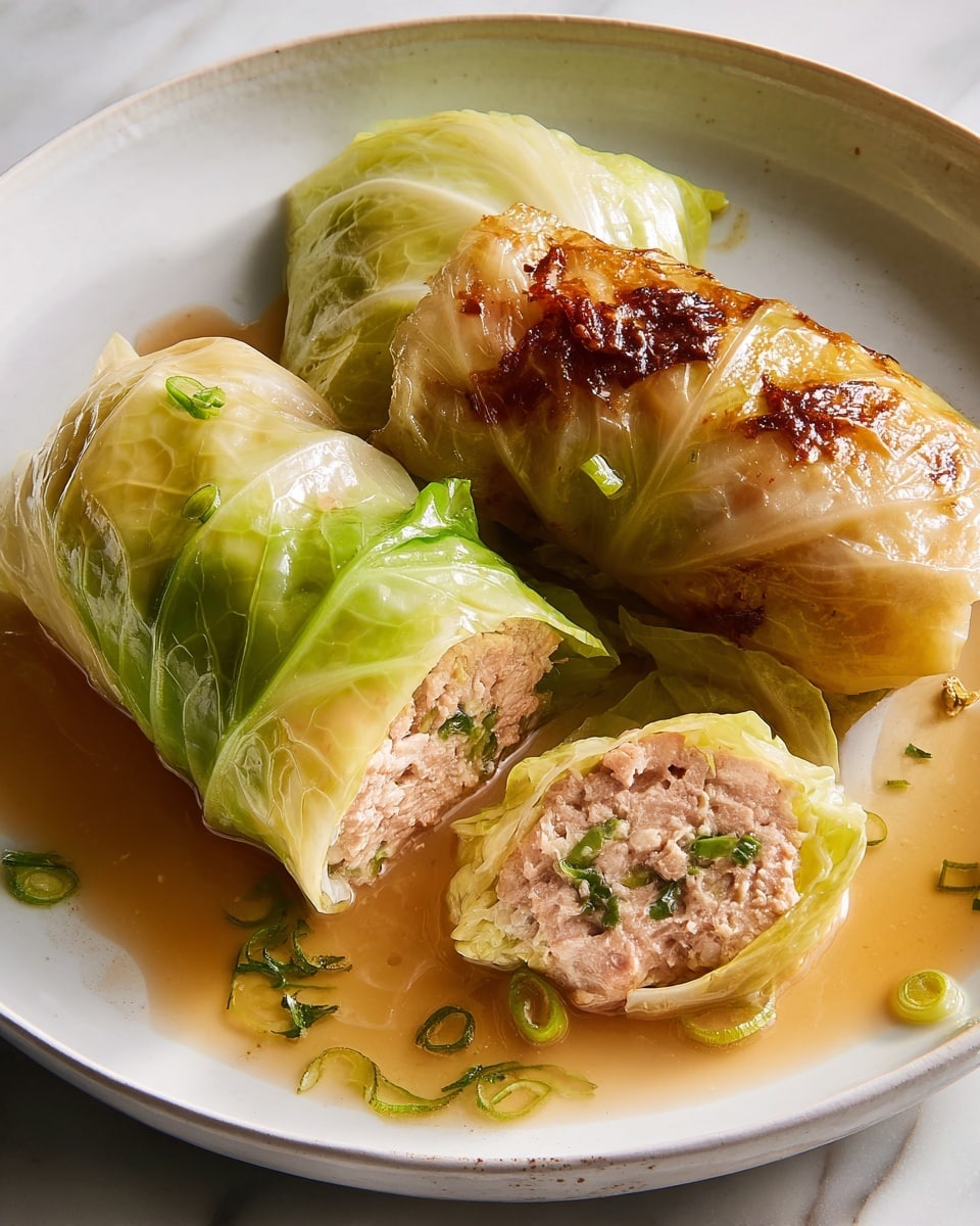 The image shows a white plate with three cabbage rolls on it. Two of the rolls have light green cabbage leaves tightly wrapped around a filling, one of which is cut open to reveal a light pink meat filling mixed with green herbs. The third roll is browned and slightly crispy on the outside, showing a golden, caramelized texture. Light brown sauce with some green scallion pieces is drizzled around and underneath the rolls on the plate, adding a glossy shine. The background has a white marbled texture. photo taken with an iphone --ar 4:5 --v 7