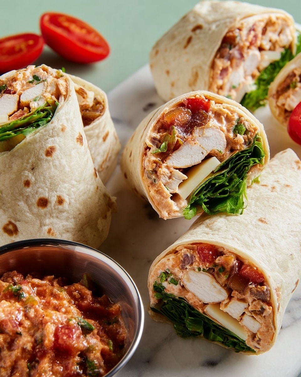 The image shows a close-up of several chicken wraps on a white marbled surface. Each wrap is made with a soft, light beige tortilla. Inside, there are several distinct layers: a base spread of creamy, reddish sauce with visible bits of herbs, thick slices of white cooked chicken, bright red tomato chunks, fresh dark green leafy lettuce, and a thin slice of white cheese. The wraps are cut to reveal these layers clearly. Near the wraps, there is a small silver bowl filled with chunky sauce, and a few small red tomato wedges are scattered around. Photo taken with an iphone --ar 4:5 --v 7