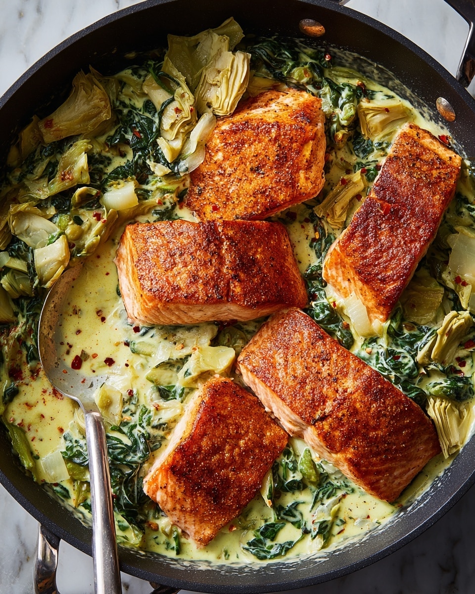 The image shows three cooked salmon fillets with a reddish-brown crust, placed on top of a creamy green and white vegetable mixture in a black pan. The vegetable layer looks like spinach mixed with artichoke pieces, soaked in a light yellow creamy sauce with some visible red pepper flakes. A silver spoon is partially submerged in the sauce near the bottom left of the pan. The background is a white marbled texture. Photo taken with an iphone --ar 4:5 --v 7