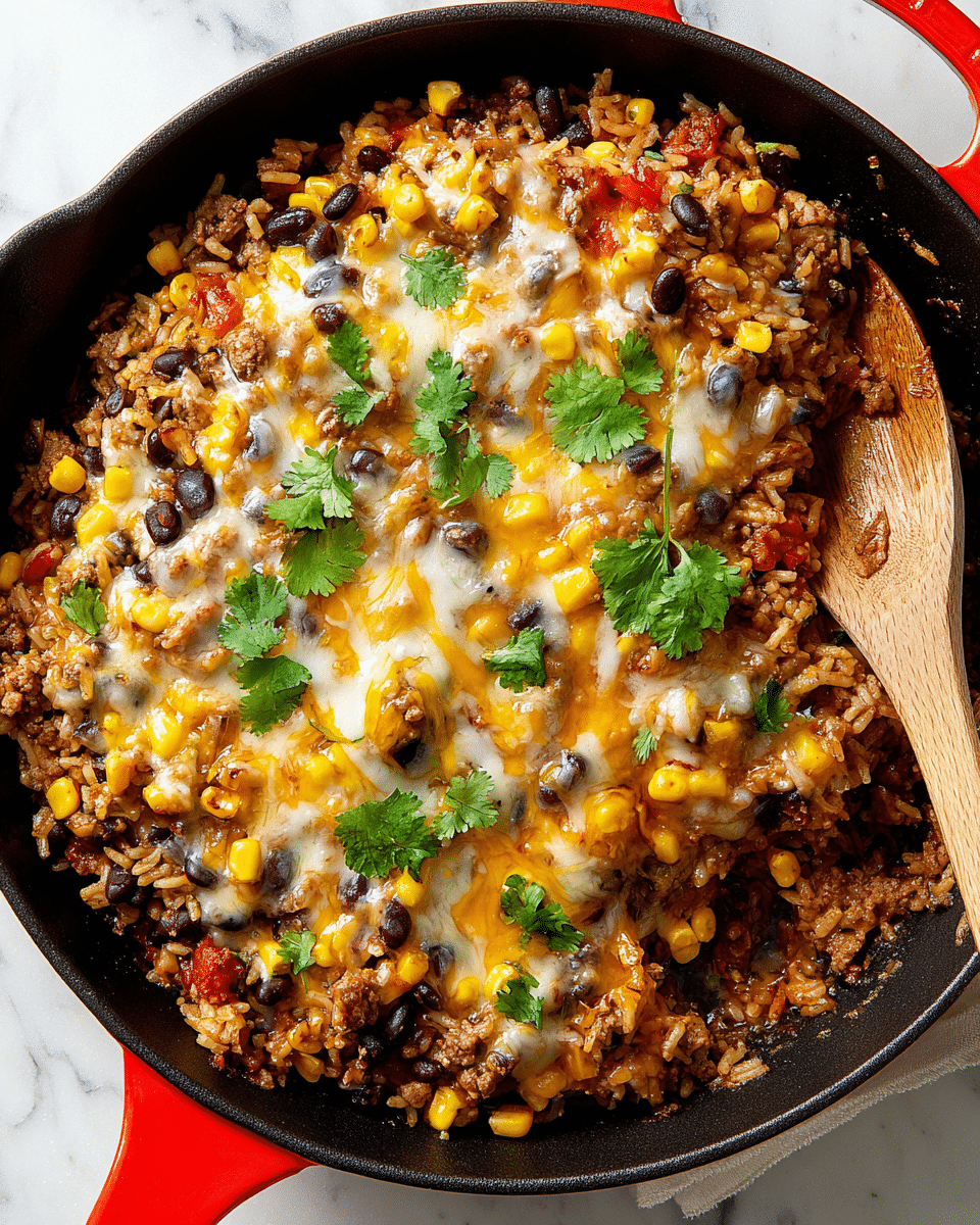 A close-up view of a thick skillet dish with three main layers: a base layer of cooked rice mixed with black beans, corn, browned ground beef, and small tomato pieces, all mixed together showing a rough, chunky texture in golden, yellow, black, brown, and red hues; a middle layer of melted white and orange cheddar cheese spread evenly on top, slightly bubbling and blending over the ingredients below; and a garnish layer of fresh green cilantro leaves scattered sparingly over the cheese. The dish sits inside a black cast iron skillet with bright red handles, positioned on a white marbled surface. A wooden spoon is partially submerged into the food on the right side. Photo taken with an iphone --ar 4:5 --v 7