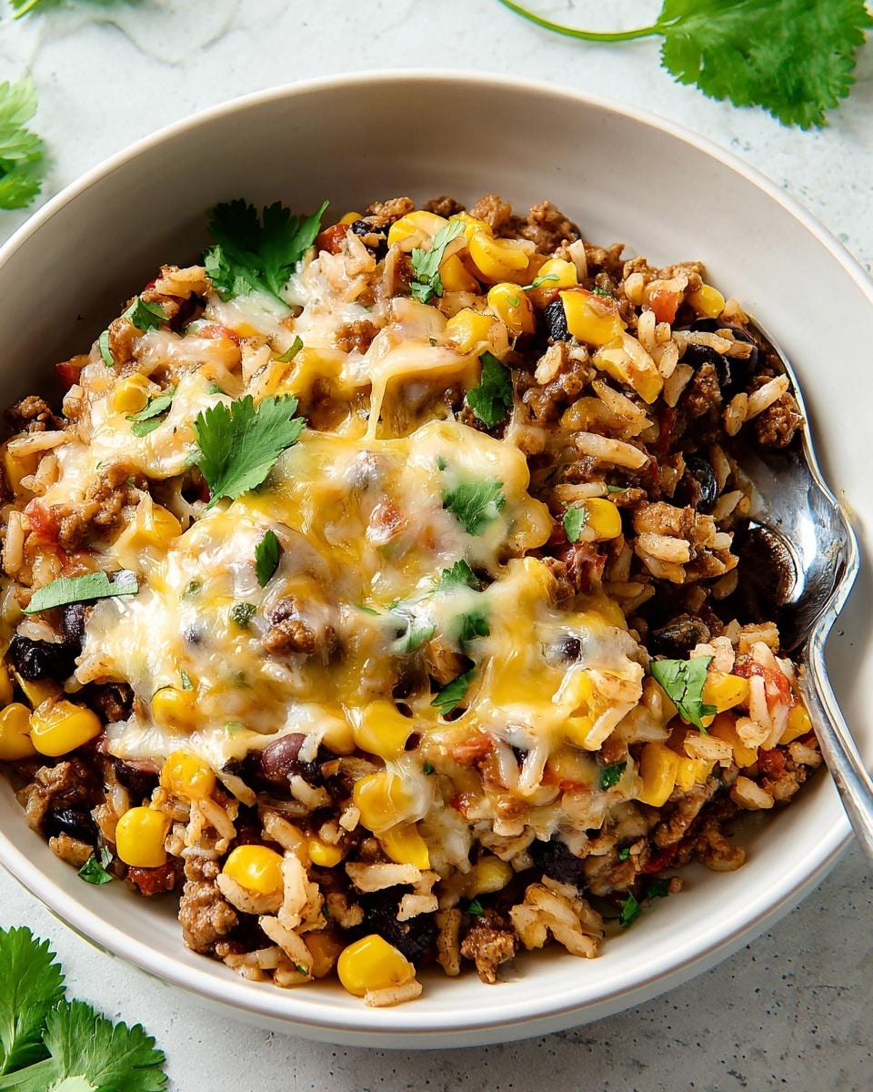 A close-up of a white bowl filled with a layered dish consisting of ground beef, black beans, yellow corn, and rice mixed together, topped with melted light yellow and white cheese spread unevenly across the surface. Fresh green cilantro leaves are scattered on top, adding a pop of color. A silver fork rests inside the bowl among the food. The bowl is placed on a white marbled texture surface with a few cilantro leaves around it. photo taken with an iphone --ar 4:5 --v 7