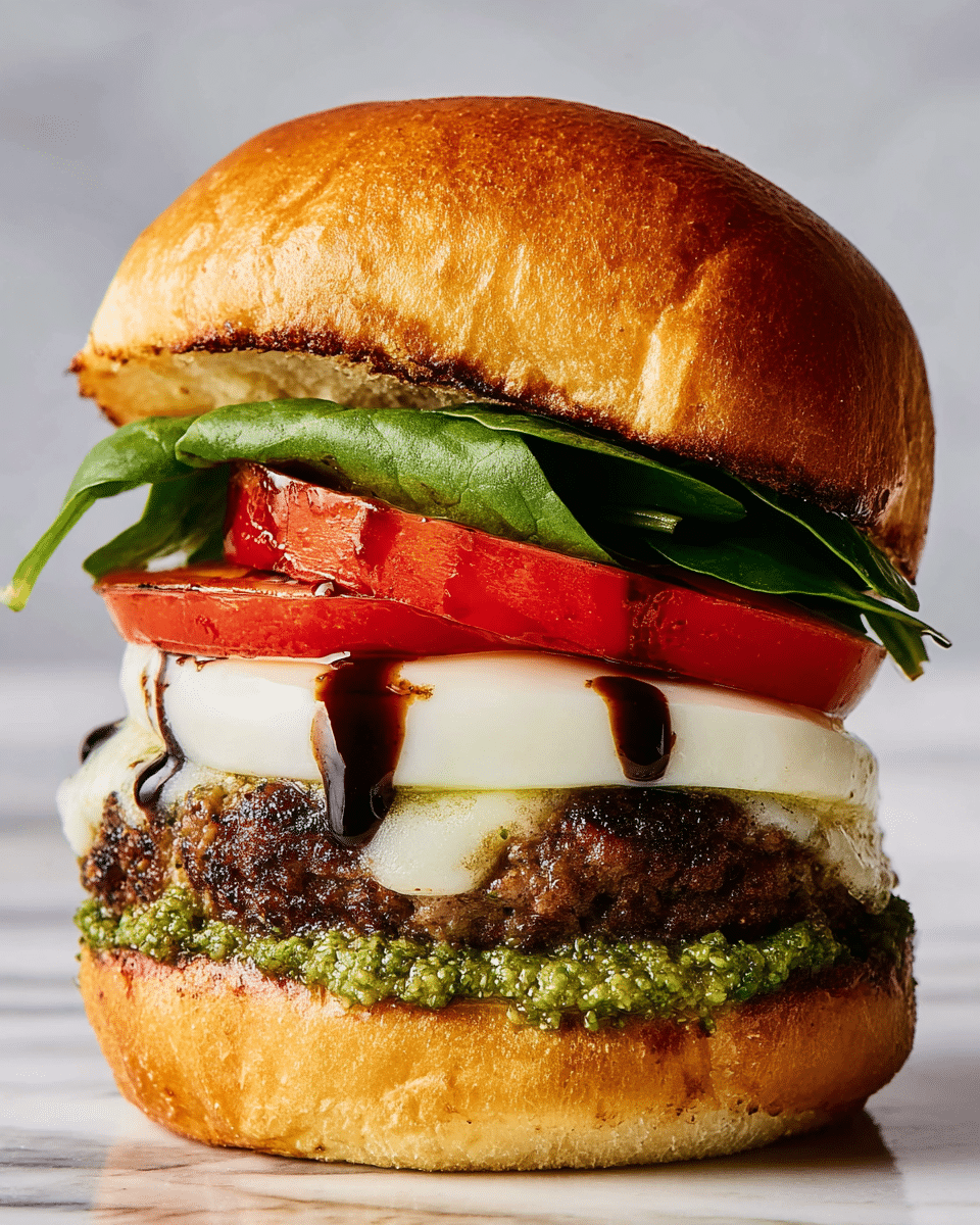 A close-up of a stacked burger shows five visible layers starting from the bottom with a soft, shiny toasted bun in light golden brown. On top of the bun, there is a thick layer of green sauce with a textured, creamy look, followed by a dark brown grilled beef patty with a slightly charred surface. Above the patty is a slice of melted white cheese with smooth edges, then a thick red tomato slice with glossy juice dripping down. On top of the tomato, fresh green leafy spinach sits beneath a toasted golden brown top bun with a soft fluffy inside and a slightly darkened edge. A dark balsamic glaze drizzle runs down from the top bun over the tomato slice. The burger is set against a smooth white marbled texture background. photo taken with an iphone --ar 4:5 --v 7