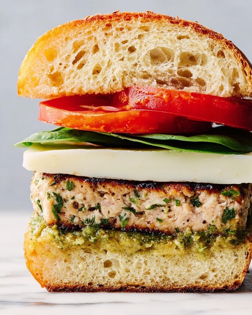 A close-up cross-section of a sandwich with six layers, set on a white marbled surface. The bottom layer is a thick slice of soft, airy bread with a light golden crust, spread with a green, creamy pesto sauce. Above this is a thick, textured patty of light brown turkey meat mixed with green herbs. On top of the patty rests a smooth, white slice of cheese. Next is a slice of red tomato with visible juice and seeds, followed by a fresh, bright green spinach leaf. The sandwich is topped with the top half of the bread, which is soft and airy with a golden crust. Photo taken with an iphone --ar 4:5 --v 7