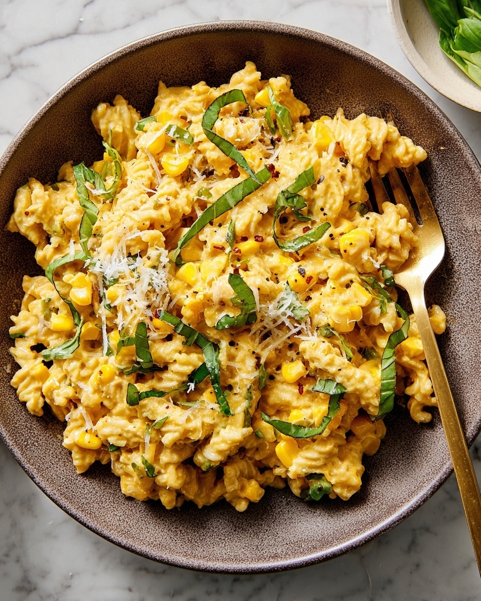 The image shows a bowl of pasta with three main layers: the bottom layer is dark brown pasta pieces with textured ridges, the middle layer is creamy yellow cheese sauce that coats the pasta thickly, and the top layer includes bright yellow corn kernels, fresh green basil leaves, thinly sliced green herbs, and finely grated white cheese sprinkled all over. A golden fork is placed inside the bowl on the right side, resting on the pasta. The bowl is set on a white marbled surface. photo taken with an iphone --ar 4:5 --v 7