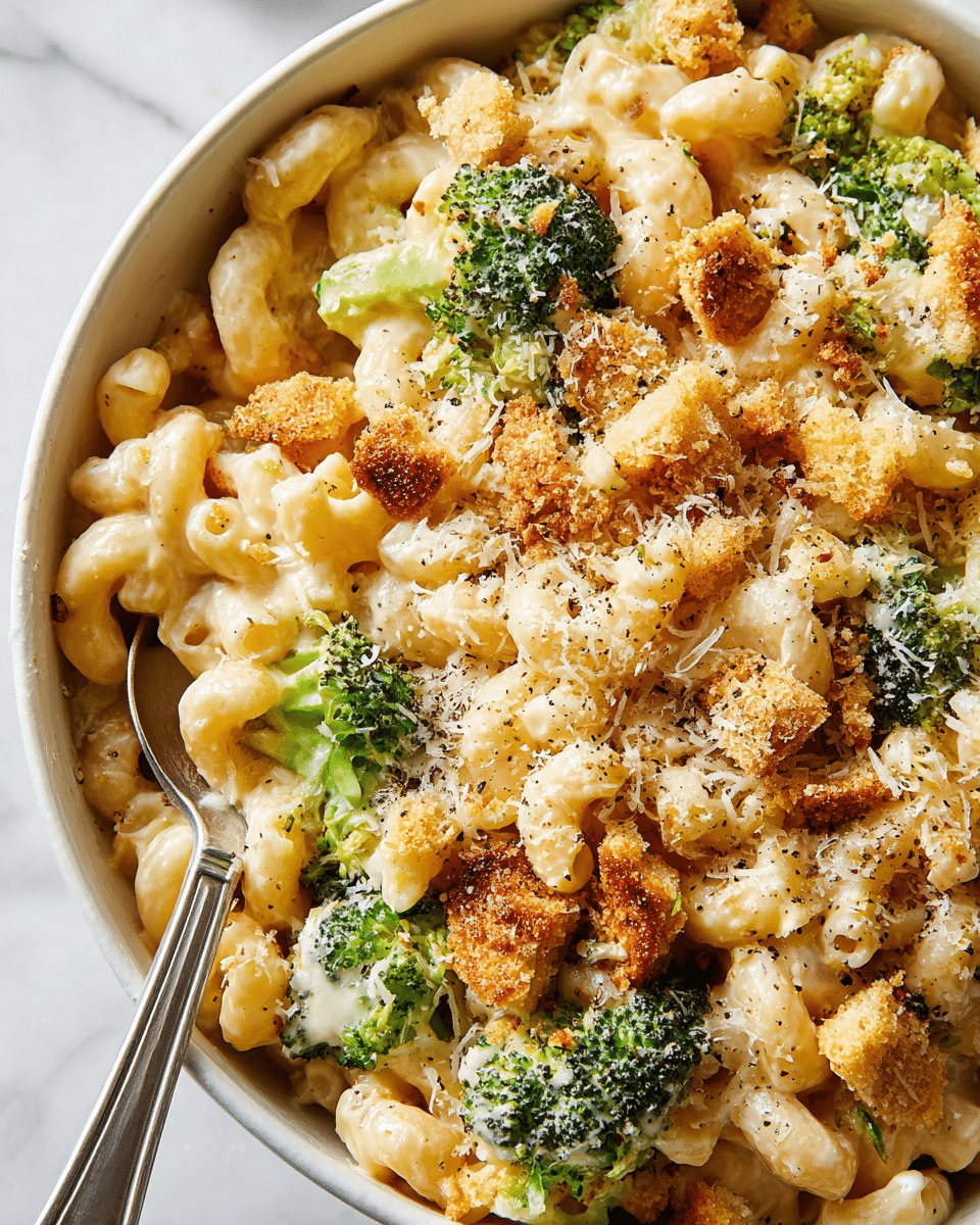 The dish is a close-up view of a creamy macaroni and cheese casserole served in a white bowl, placed on a white marbled surface. It has roughly three main layers: the base layer consists of elbow macaroni coated in a smooth, light yellow cheese sauce, the middle layer shows bright green broccoli florets evenly mixed throughout, and the top layer is scattered with golden brown crispy bread crumbs and some finely grated parmesan cheese sprinkled over everything. Visible black pepper specks add a touch of contrast, and a silver spoon is partly inserted into the bowl on the left side. The textures range from creamy pasta to crunchy topping and tender broccoli. Photo taken with an iphone --ar 4:5 --v 7
