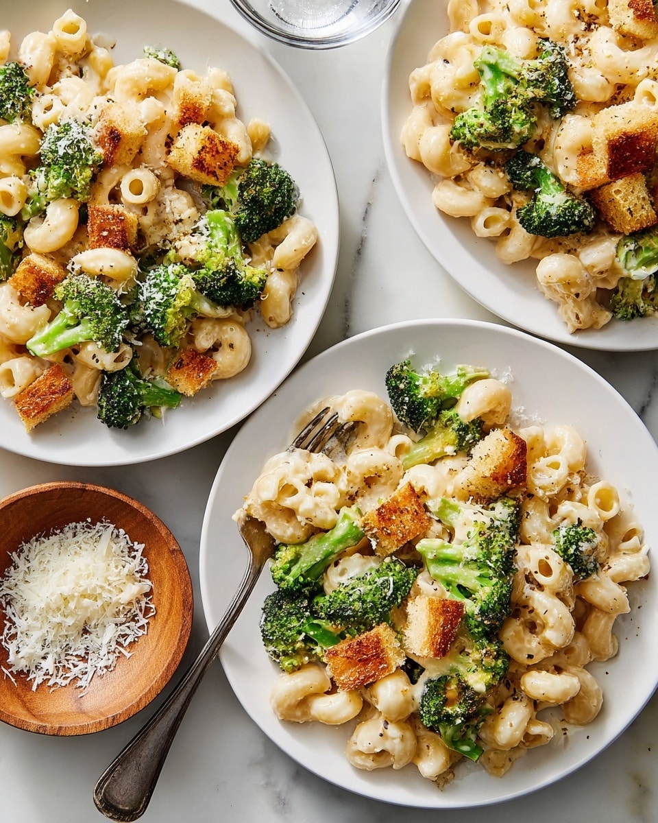 Three white plates are filled with creamy macaroni pasta mixed with bright green broccoli florets and golden brown toasted bread pieces. The pasta is coated in a smooth, light cheese sauce, with a few pepper flakes sprinkled on top. The broccoli is fresh and contrasts with the soft pasta and crunchy bread bits. A silver fork rests on the middle plate, partially stuck into the pasta. Nearby, a wooden bowl holds finely grated white cheese, with some cheese sprinkled around it on the white marbled surface. photo taken with an iphone --ar 4:5 --v 7