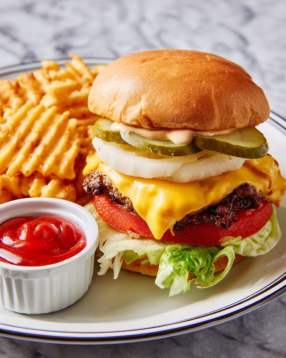 A cheeseburger sits centered on a white plate with a thin black rim, placed on a white marbled surface. The burger has five visible layers: a soft, toasted light brown top bun; two thick green pickle slices with a dollop of creamy light orange sauce on top; a thick, white onion ring; a melted bright yellow cheddar cheese layer over a charred brown beef patty; and a thick slice of deep red tomato resting on pale green lettuce with some creamy sauce spread on the inside of the bottom bun. Surrounding the burger are golden waffle fries arranged loosely, alongside a small white ramekin filled with thick, smooth, bright red ketchup. photo taken with an iphone --ar 4:5 --v 7