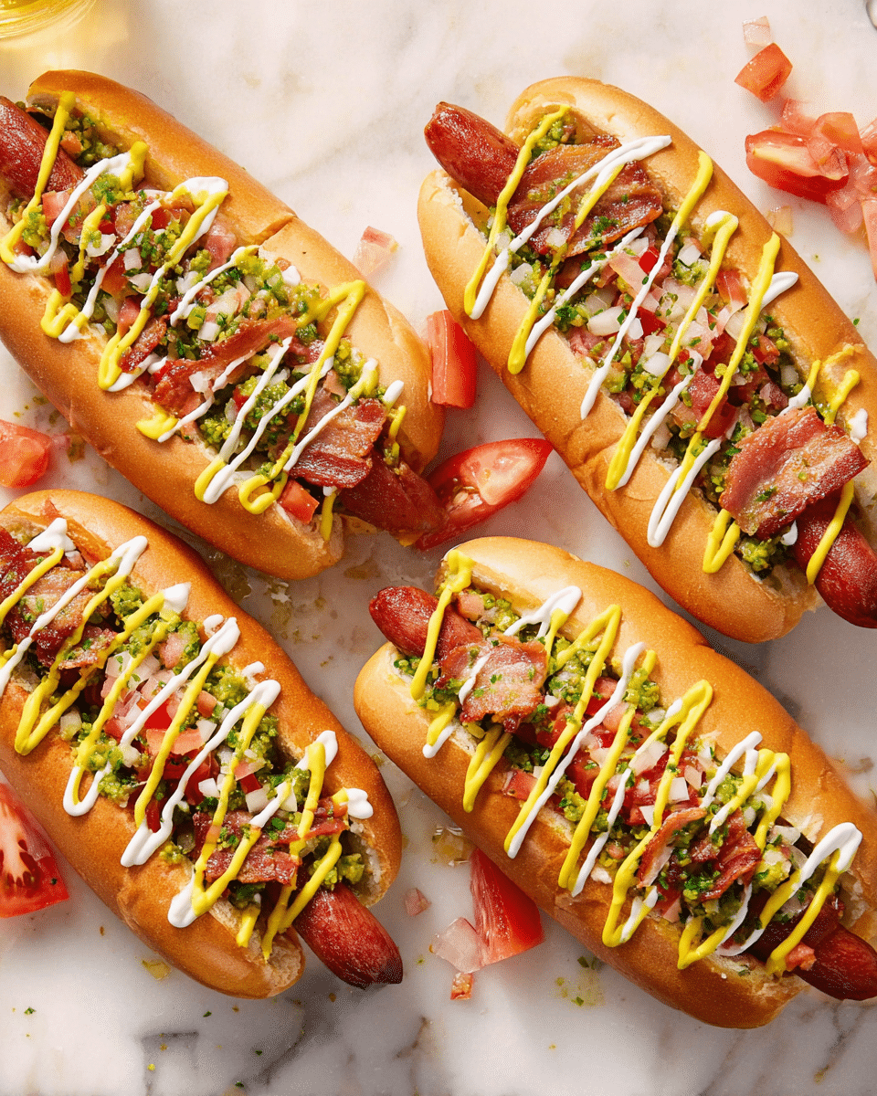 Four hot dogs in soft golden brown buns lay on a white marbled surface. Each hot dog has a long, reddish-brown sausage topped with crispy bacon strips, chopped tomatoes, diced white onions, and a green relish with herbs. All are drizzled with yellow mustard and white mayonnaise in zigzag patterns. Small pieces of tomato and onion are scattered around, adding color and texture. Photo taken with an iphone --ar 4:5 --v 7