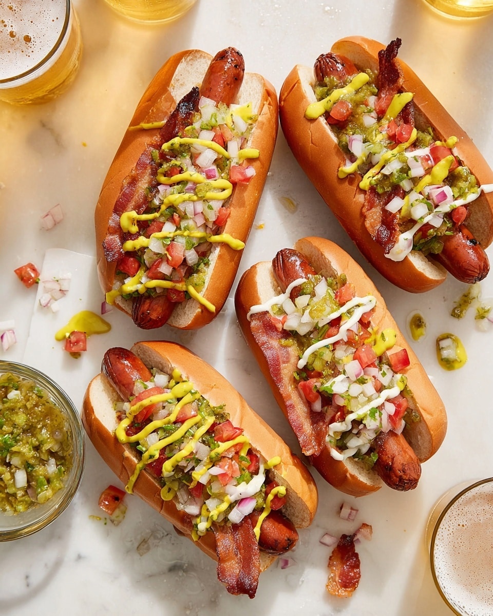 The image shows four hot dogs arranged on a white marbled surface, each in a soft golden brown bun. Each hot dog has a reddish-brown sausage topped with small pieces of diced white onions and red tomatoes, a strip of crispy bacon, and green relish. Yellow mustard and white mayonnaise sauces are drizzled over the toppings on all hot dogs. Around the hot dogs, there are scattered bits of diced onions and tomatoes, with one hot dog having mustard spilling out slightly from the bun. There are glasses of light beer at the corners of the image, and a small clear glass bowl with green relish on the left side. photo taken with an iphone --ar 4:5 --v 7