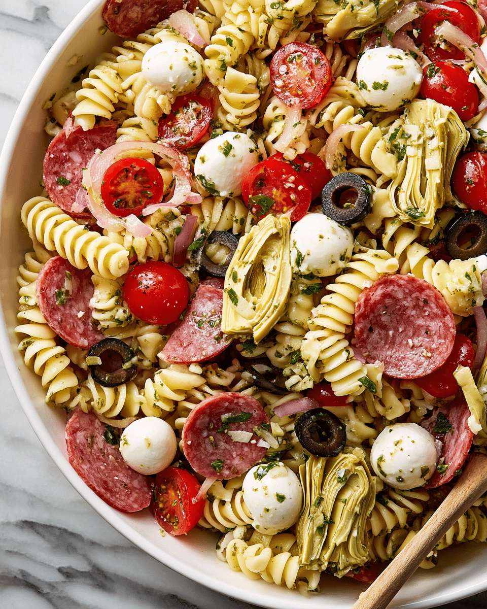 A close-up view of a pasta salad in a white bowl shows three main layers mixed together. The base layer is curly, pale yellow rotini pasta, soft and slightly glossy. Scattered on top are thin, round slices of pink salami, halves of bright red cherry tomatoes with juicy interiors, and dark black olive rings with smooth surfaces. Mixed in are small white mozzarella balls sprinkled with green herbs and quartered artichoke hearts with pale green layers. The dish is lightly coated with a shiny dressing and small bits of herbs, all set against a white marbled surface beneath the bowl. Photo taken with an iphone --ar 4:5 --v 7