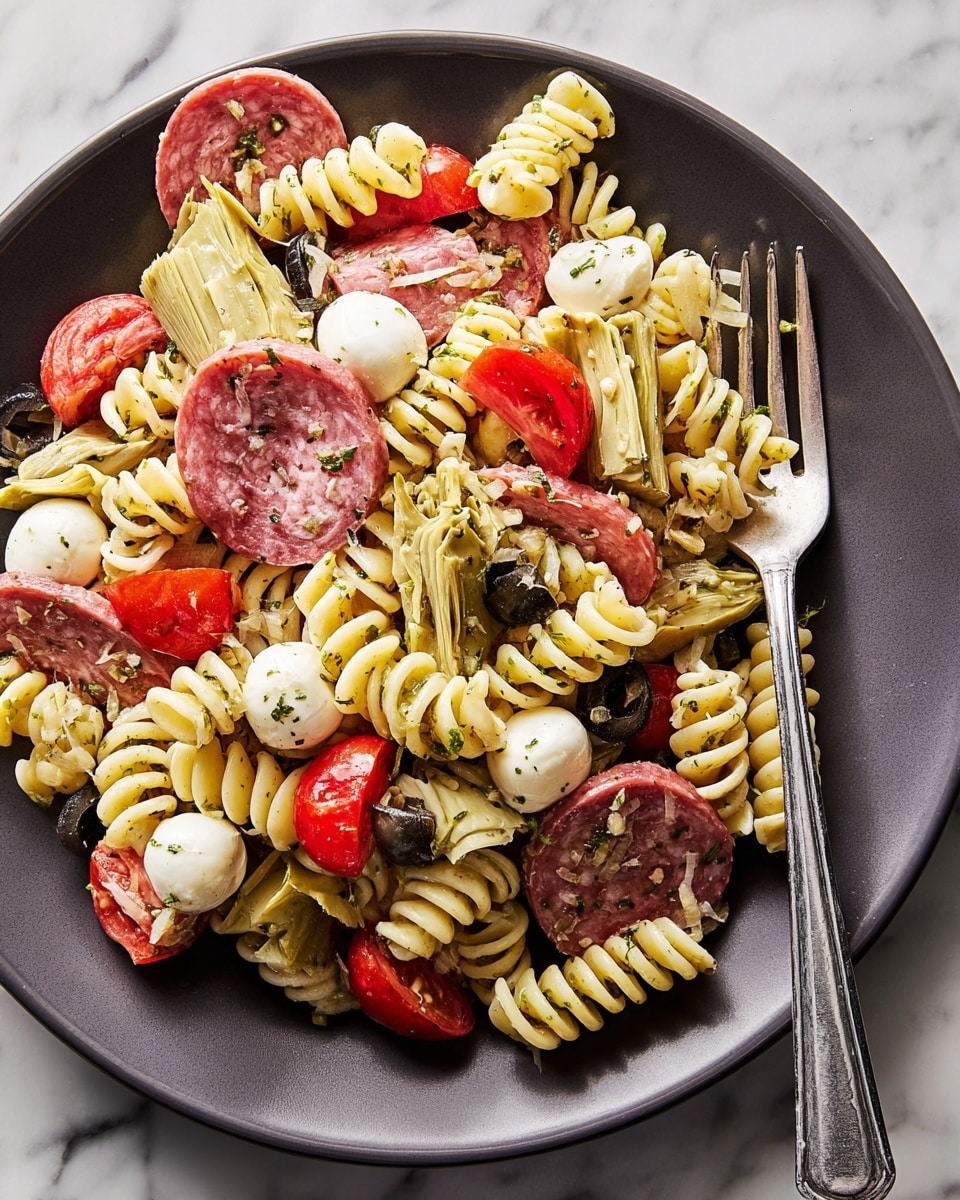 A close-up of a dark gray round plate filled with rotini pasta layered with slices of pink salami, halved bright red cherry tomatoes, white round mozzarella balls, black olive rings, and pale green artichoke hearts. The pasta is loosely mixed with herbs and a light dressing, visible as small green flecks on each ingredient. A silver fork rests on the right edge of the plate. The plate sits on a white marbled surface. Photo taken with an iphone --ar 4:5 --v 7