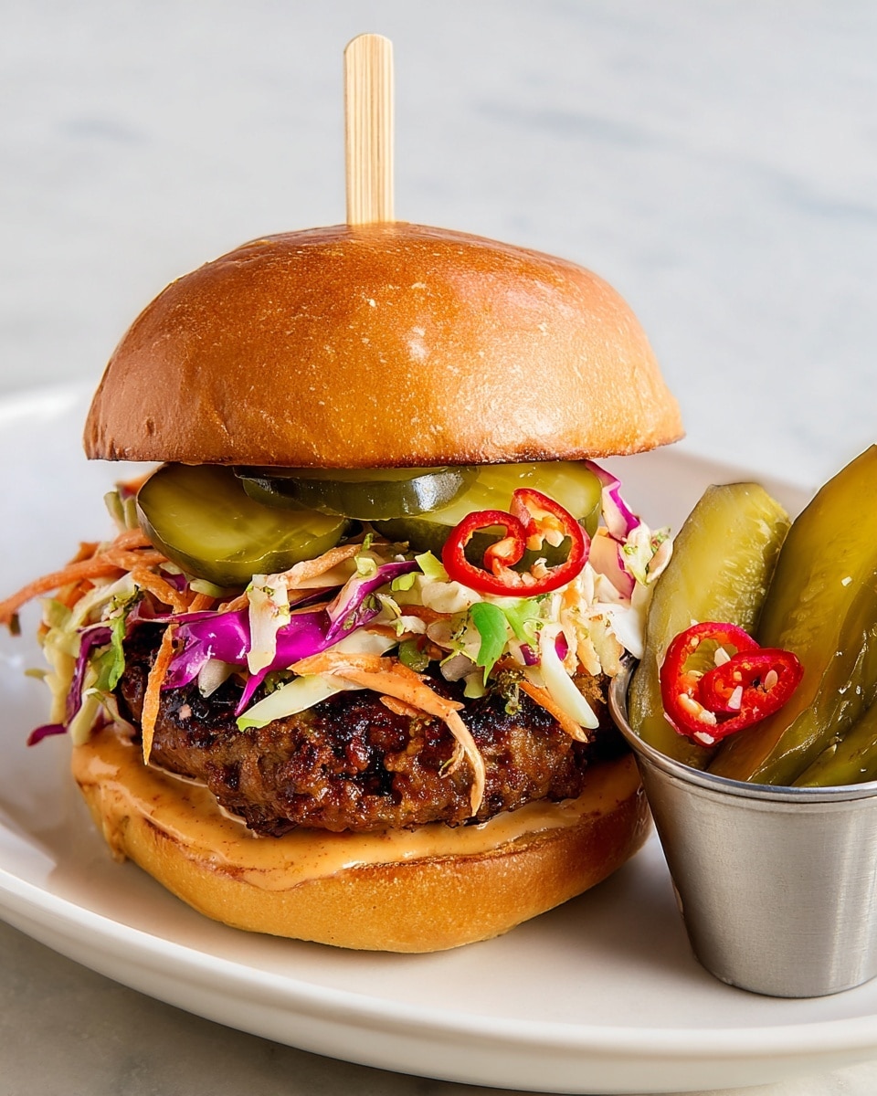 A thick grilled burger patty sits on a soft, shiny golden-brown bun base. Above the patty, there are green pickle slices topped with thin red chili rings. On top of the pickles, there is a colorful mix of shredded purple cabbage, white cabbage, and orange carrots with a creamy light orange sauce drizzled over the slaw. The smooth, round top bun with a wooden skewer holds the layers together. Next to the burger on the white plate is a small metal cup filled with pickles and red chili slices. The background and surface have a white marbled texture. photo taken with an iphone --ar 4:5 --v 7