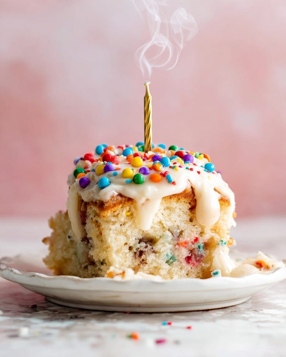 A single, thick square piece of soft, light yellow cake sits on a white plate with a slightly scalloped edge. The cake has visible specks of colorful sprinkles mixed inside, showing bursts of red, blue, green, and orange. On top, there is a generous layer of creamy white icing that drips slightly down the sides, covered with more bright, round candy sprinkles in red, blue, yellow, green, purple, and orange. A thin, lit, golden candle is placed in the center of the cake, with curling smoke rising from the extinguished wick. The background is a soft pink with a smooth, out-of-focus look over a white marbled texture. photo taken with an iphone --ar 4:5 --v 7