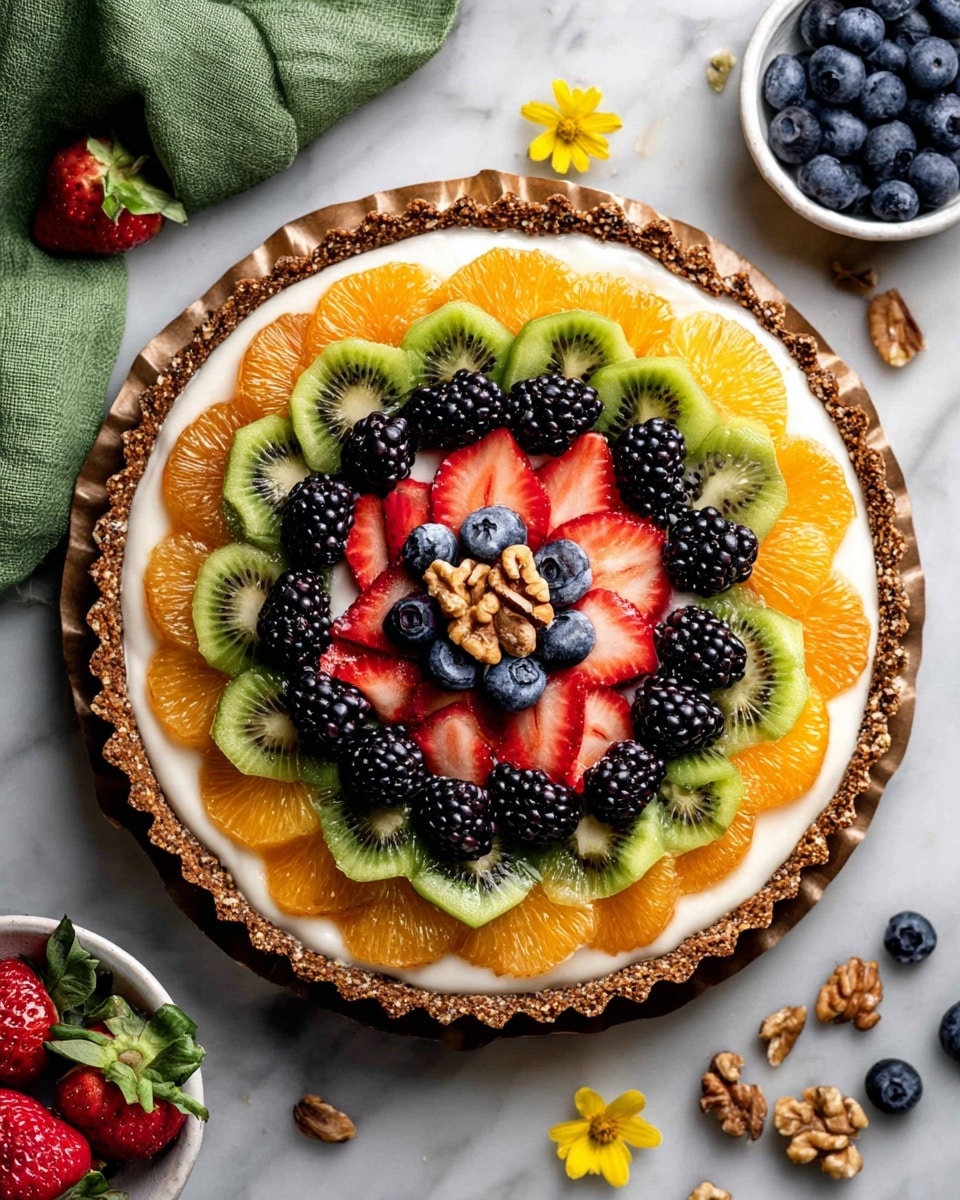 A round tart with three visible layers is displayed on a white marbled surface. The bottom layer is a thick, nutty crust with a rough, textured surface in brown color, lining the edges of the tart pan with scalloped paper. The middle layer is a smooth white cream spread evenly across the crust. On top, arranged in concentric circles starting from the outside, are slices of bright orange mandarin, green kiwi wedges with visible seeds, and red strawberry slices. The center is piled with dark purple-black blackberries and scattered blueberries, adding a glossy touch. Around the tart, there are scattered nuts, strawberries, blueberries in a small white bowl, and small yellow flowers. A green cloth is placed on the top left corner. Photo taken with an iphone --ar 4:5 --v 7