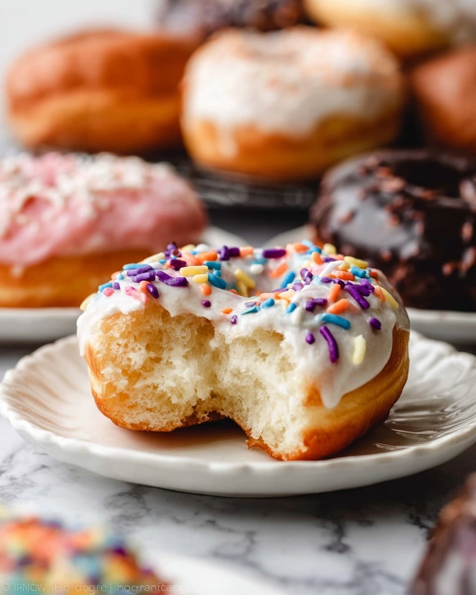A close-up of a bitten doughnut with a soft, light golden brown dough interior. It has a thick layer of white icing on top, sprinkled with colorful small oblong sprinkles in purple, blue, yellow, orange, and green, covering the upper surface evenly. The doughnut is placed on a white plate with a scalloped edge, surrounded by other doughnuts in the background, some with dark chocolate icing and others with plain or light-colored toppings, all sitting on a white marbled surface. photo taken with an iphone --ar 4:5 --v 7