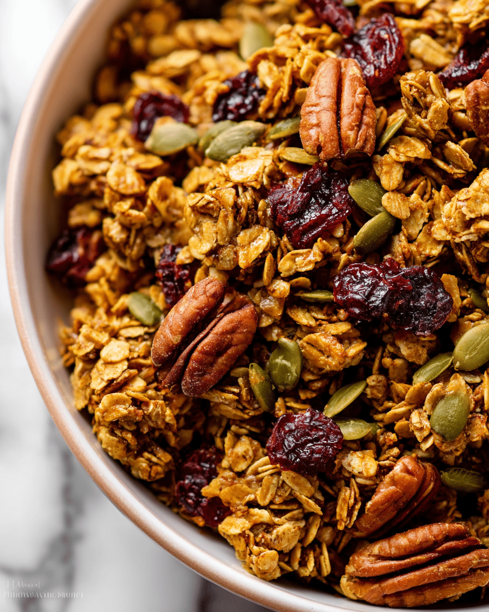 A close-up view of a bowl filled with chunky granola showing multiple layers of golden brown oats clustered together with some rough textures, dark reddish dried cranberries scattered throughout, and green pumpkin seeds mixed in; whole pecans with their smooth, ridged, dark brown shells are mixed evenly inside, adding a rich texture contrast, all inside a white bowl resting on a white marbled surface. photo taken with an iphone --ar 4:5 --v 7