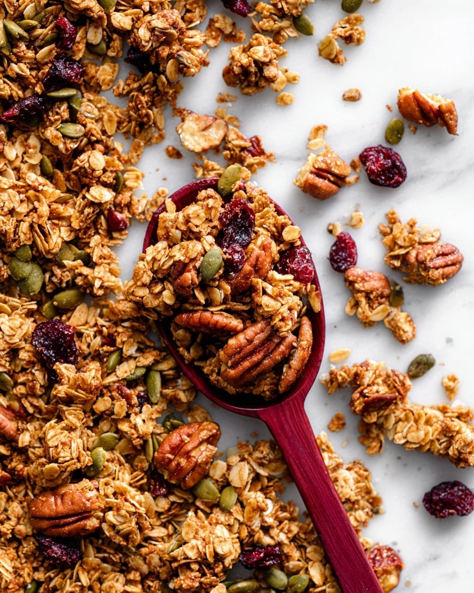 The image shows chunky clusters of granola scattered across a white marbled surface, with visible ingredients including golden brown oats, dark red dried cranberries, green pumpkin seeds, and large toasted pecans. In the middle, a deep red spoon holds a pile of the granola mix, displaying the rough, uneven texture and the mix of colors from the nuts and seeds. The granola pieces vary in size and shape, some broken apart and some with whole nuts embedded. The lighting highlights the crunchy texture and natural colors of the mix. photo taken with an iphone --ar 4:5 --v 7