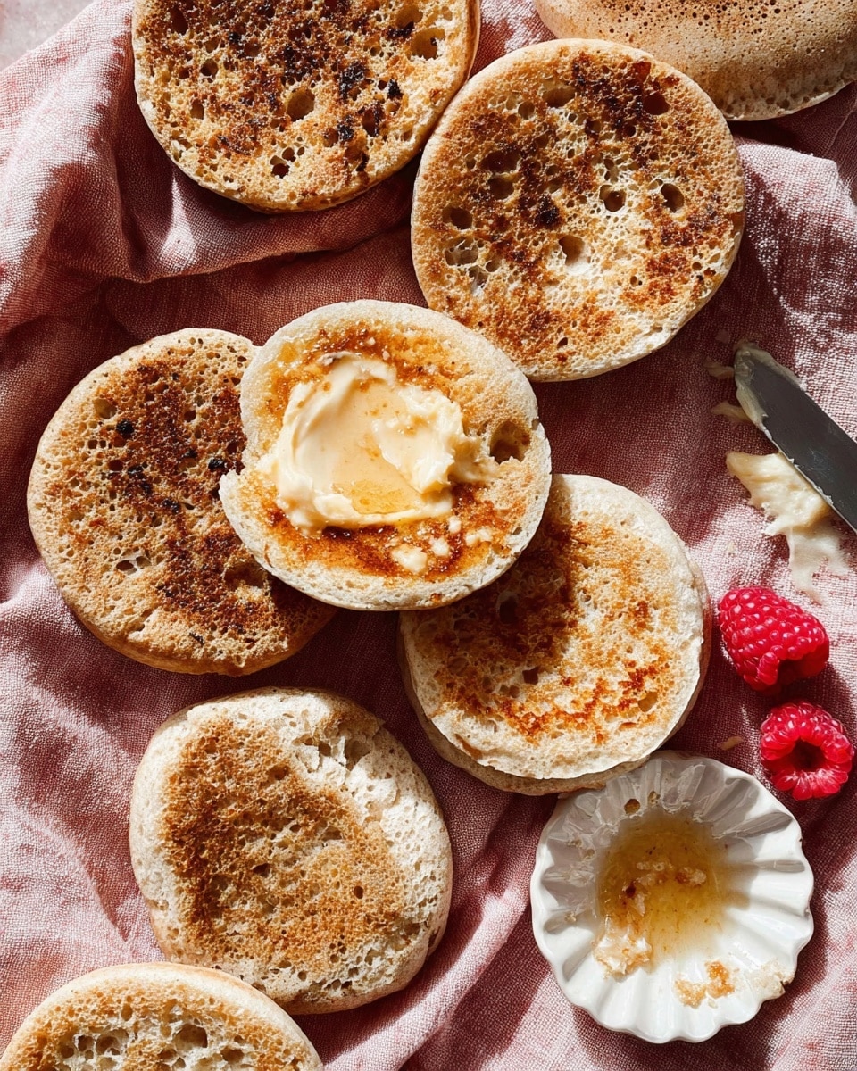 Several toasted English muffin halves lie spread on a pink cloth with a white marbled texture underneath. There are seven muffins visible, each showing a rough, porous texture in shades of light to medium brown with some darker toasted spots. One middle muffin half in the center is toasted golden brown and has a melted, creamy butter layer on top. Another smaller half muffin with butter appears to have a bite taken out of it, sitting near two fresh red raspberries. A small white scalloped dish with some melted butter sits to the side, with a butter knife resting on the cloth nearby, covered with softened butter on its blade. The overall scene is warm and inviting, with natural light highlighting the textures and colors. photo taken with an iphone --ar 4:5 --v 7