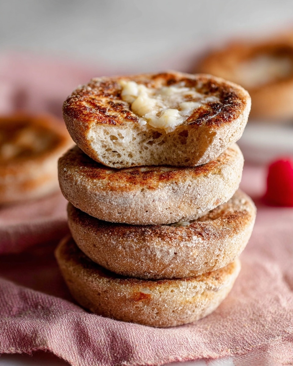 A stack of four toasted English muffins sits on a soft pink cloth with a white marbled texture underneath, with the top muffin split open and spread with melted butter that looks creamy and slightly uneven. The muffins have a golden-brown crust with a coarse texture and light dusting of flour, making the edges appear crunchy and rustic. In the background, another muffin and a small red raspberry add depth, softly blurred to keep focus on the stack. The overall look is warm and inviting, perfect for a cozy breakfast. photo taken with an iphone --ar 4:5 --v 7
