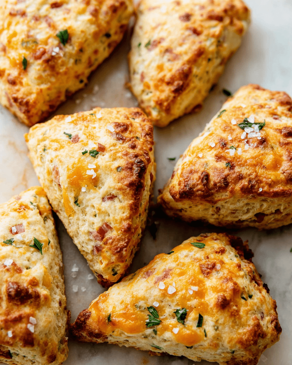The image shows several golden-brown triangular scones arranged closely on a white marbled surface. Each scone has a slightly rough texture with small patches of melted cheddar cheese and bits of ham visible inside. The tops are sprinkled with flaky salt and a few small green herbs, adding a touch of color and freshness. The scones look fluffy and soft inside with a crisp outer layer, showing a mix of creamy white dough interspersed with orange and pink bits. photo taken with an iphone --ar 4:5 --v 7
