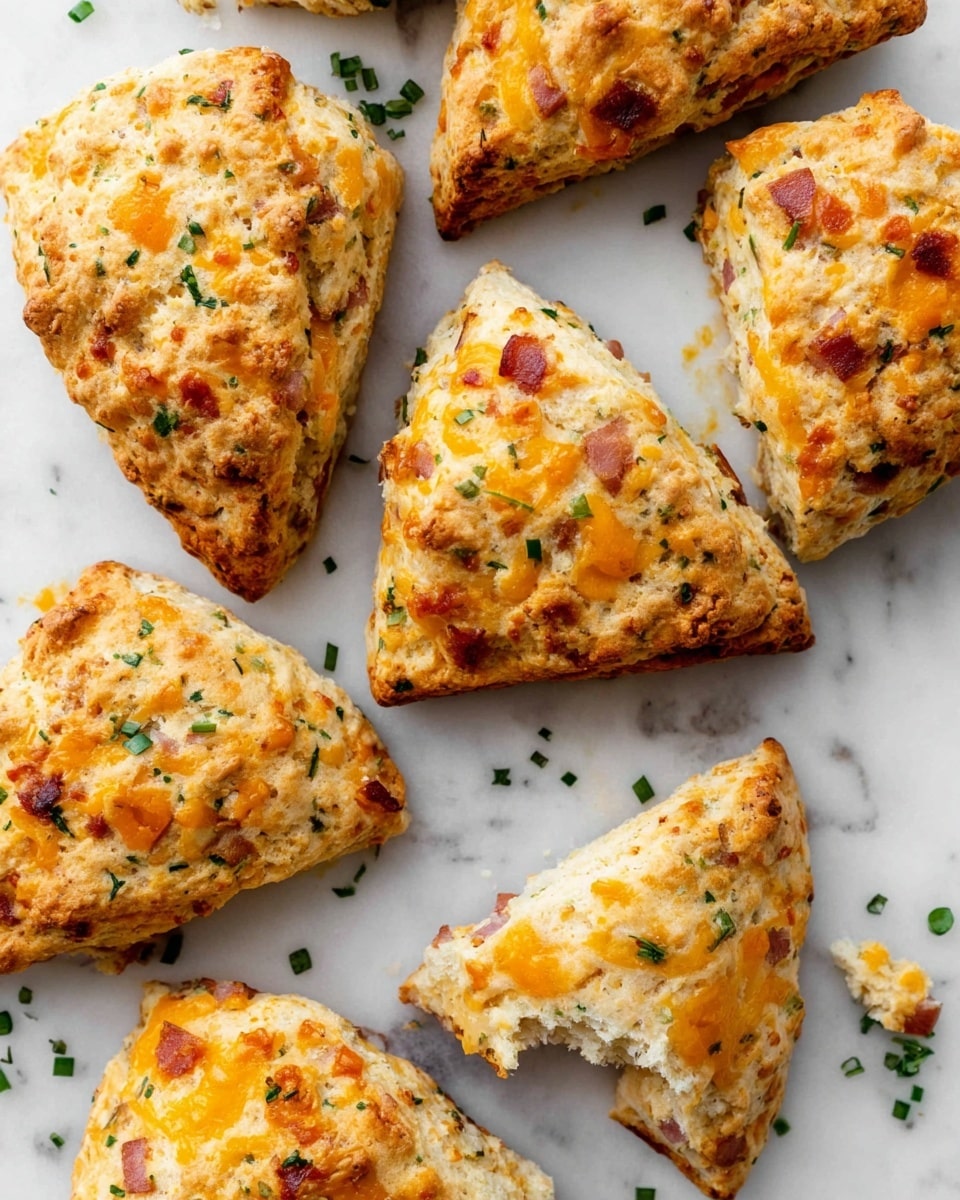 The image shows several golden brown scones arranged on a white marbled surface. Each scone is thick and triangular with a rough, crumbly texture and a slightly crispy outside. Visible inside and on top are small pieces of orange cheddar cheese, green herbs, and bits of ham. The scones look fresh and flaky, with the cheese melted in spots creating a slightly bubbly top. One scone is broken open to reveal a soft, light interior with more cheese, ham, and herbs mixed in. A few small crumbs and chopped herbs are scattered around for a natural look. photo taken with an iphone --ar 4:5 --v 7