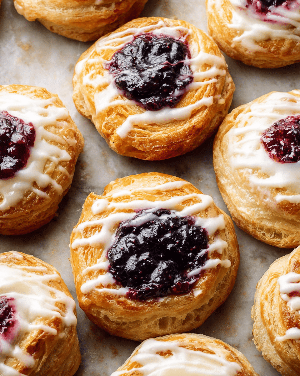 The image shows a close-up of several danishes placed closely on a sheet with a white marbled texture. Each danish has two clear layers: the bottom layer is flaky and golden-brown with a light, crisp texture, and the top layer is a soft, creamy filling that is either white or deep purple-black jam. The white filling danishes have a smooth, slightly shiny surface while the purple-black jam ones have a glossy, slightly uneven berry topping in the center. Both types of danishes are drizzled lightly with white icing, creating thin, irregular lines across the tops. Photo taken with an iphone --ar 4:5 --v 7