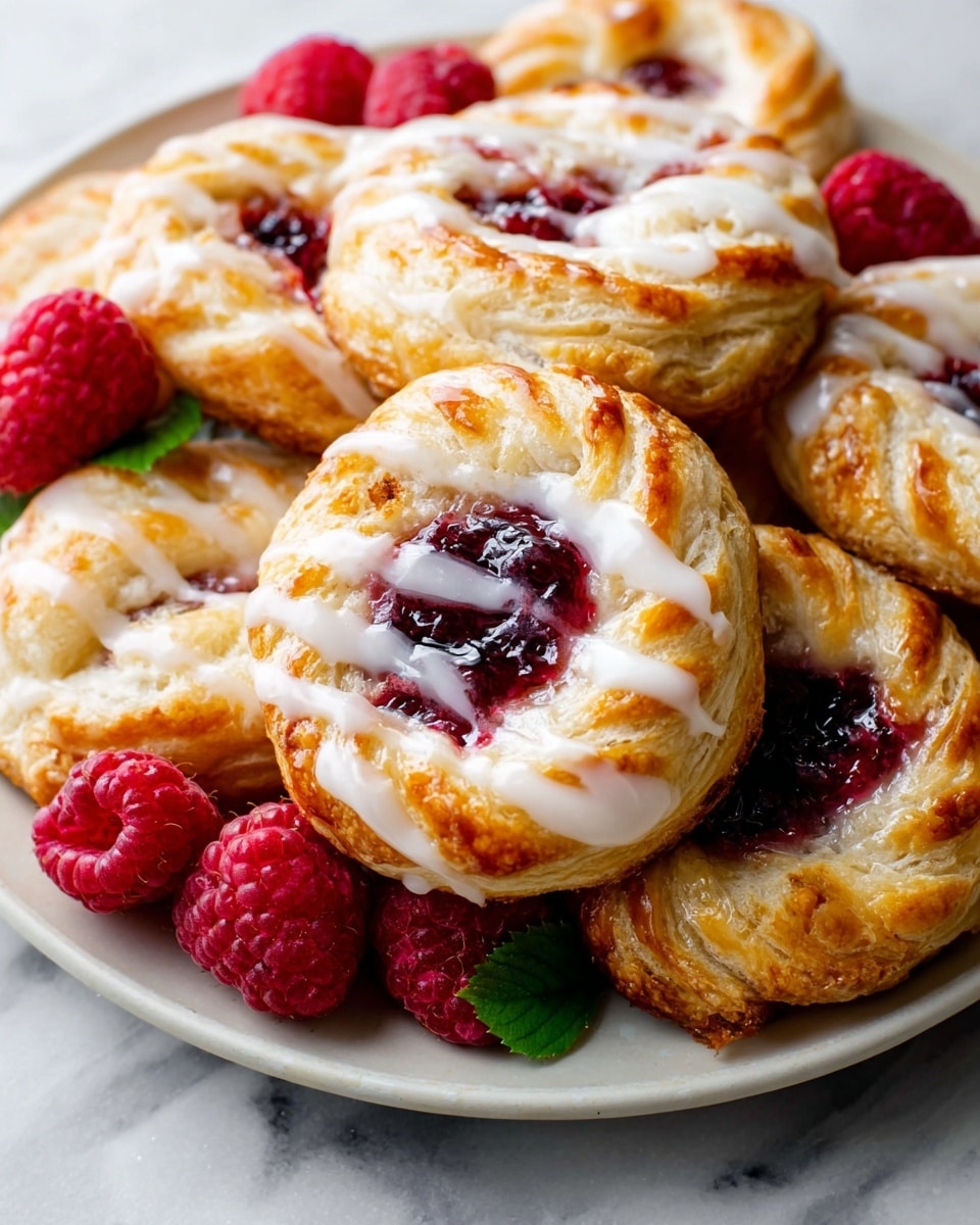 The image shows several round Danish pastries with a golden-brown flaky crust arranged on a white plate. Each pastry has a slightly raised outer edge, and the middle is filled with a glossy, deep red and purple mixed berry jam. A drizzle of white icing is spread unevenly over the pastries, adding a smooth, shiny detail. Around the pastries, fresh red raspberries with textured skin and green leaves are scattered for decoration. The plate rests on a white marbled surface that complements the bright and warm colors of the pastries and raspberries. photo taken with an iphone --ar 4:5 --v 7