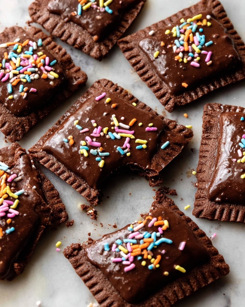 The image shows several square-shaped chocolate pastries arranged on a surface with a white marbled texture. Each pastry has a thick, dark brown chocolate crust with crimped edges and a smooth, shiny layer of melted chocolate on top, slightly irregular in shape. The chocolate topping is decorated with small, colorful sprinkles in pastel colors including pink, yellow, blue, orange, and white. One pastry is partly broken, revealing a moist inside. Some sprinkles are scattered around the pastries on the surface. photo taken with an iphone --ar 4:5 --v 7