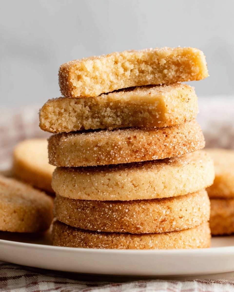 A close-up of a stack of six round shortbread cookies on a white plate, each cookie golden brown with a coarse sugar coating that sparkles. The top two cookies are broken in half, showing a crumbly inside texture that is lighter in color than the outer edges. The cookies are thick and evenly baked, with a rough sugary surface on the sides. In the background, out of focus, more cookies sit on a soft checkered cloth surface with a white marbled texture. photo taken with an iphone --ar 4:5 --v 7