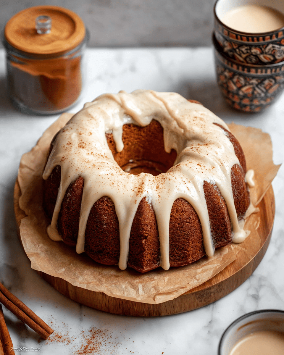 A one-layer bundt cake with a deep golden brown color sits on parchment paper over a round wooden board. The cake is topped with a thick, creamy white glaze that drips down the sides unevenly, showing the cake’s textured surface underneath. The glaze has a smooth, glossy look and is sprinkled lightly with a fine brown spice powder. The setting includes a white marbled surface below the board, with an open spice jar filled with a brown powder and its wooden lid beside it visible in the upper left, and parts of two patterned ceramic mugs with cream inside at the bottom right. photo taken with an iphone --ar 4:5 --v 7