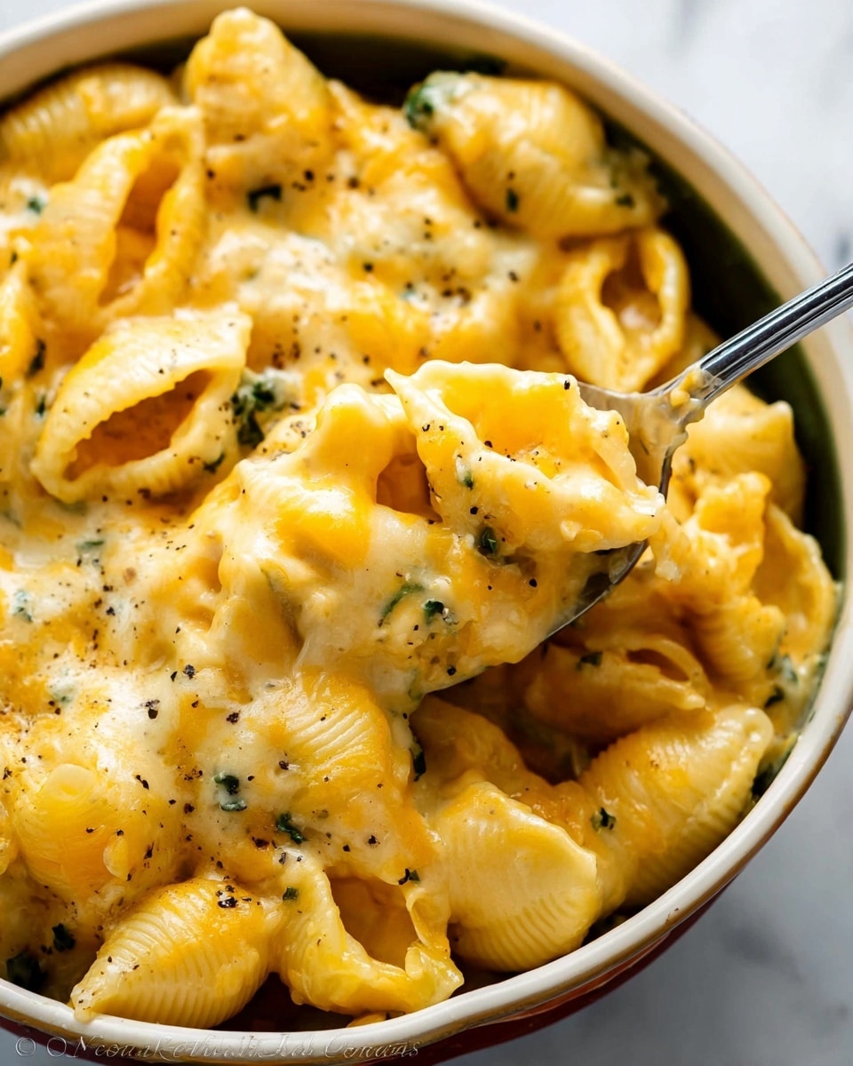 A close-up view of creamy pasta shells mixed with melted yellow cheese and bits of green herbs, sitting inside a white bowl with a visible edge. The pasta shells are soft with some parts covered in smooth, melted cheese, which looks rich and slightly glossy. A spoon is lifting a small portion from the bowl, showing the thick cheesy texture layering the pasta, with tiny specks of black pepper. The white marbled surface under the bowl adds a clean and bright contrast to the warm yellow and green tones of the dish. photo taken with an iphone --ar 4:5 --v 7