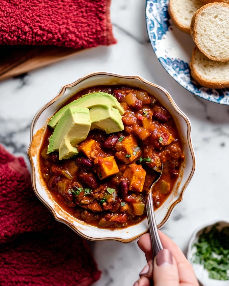 A bowl with a scalloped edge holds thick chili with a rich reddish-brown sauce, visible chunks of beans, vegetables, and pieces of what looks like tofu or cheese in orange-yellow tones, with some green herbs scattered throughout. On top, there are two slices of fresh green avocado. A woman's hand with a spoon is reaching into the bowl on the right side. To the upper right, part of a white plate with a blue patterned rim holds a few slices of light beige bread. The background shows a white marbled surface with a red textured cloth in the upper left corner and a small white dish with green herbs in the lower right corner. photo taken with an iphone --ar 4:5 --v 7