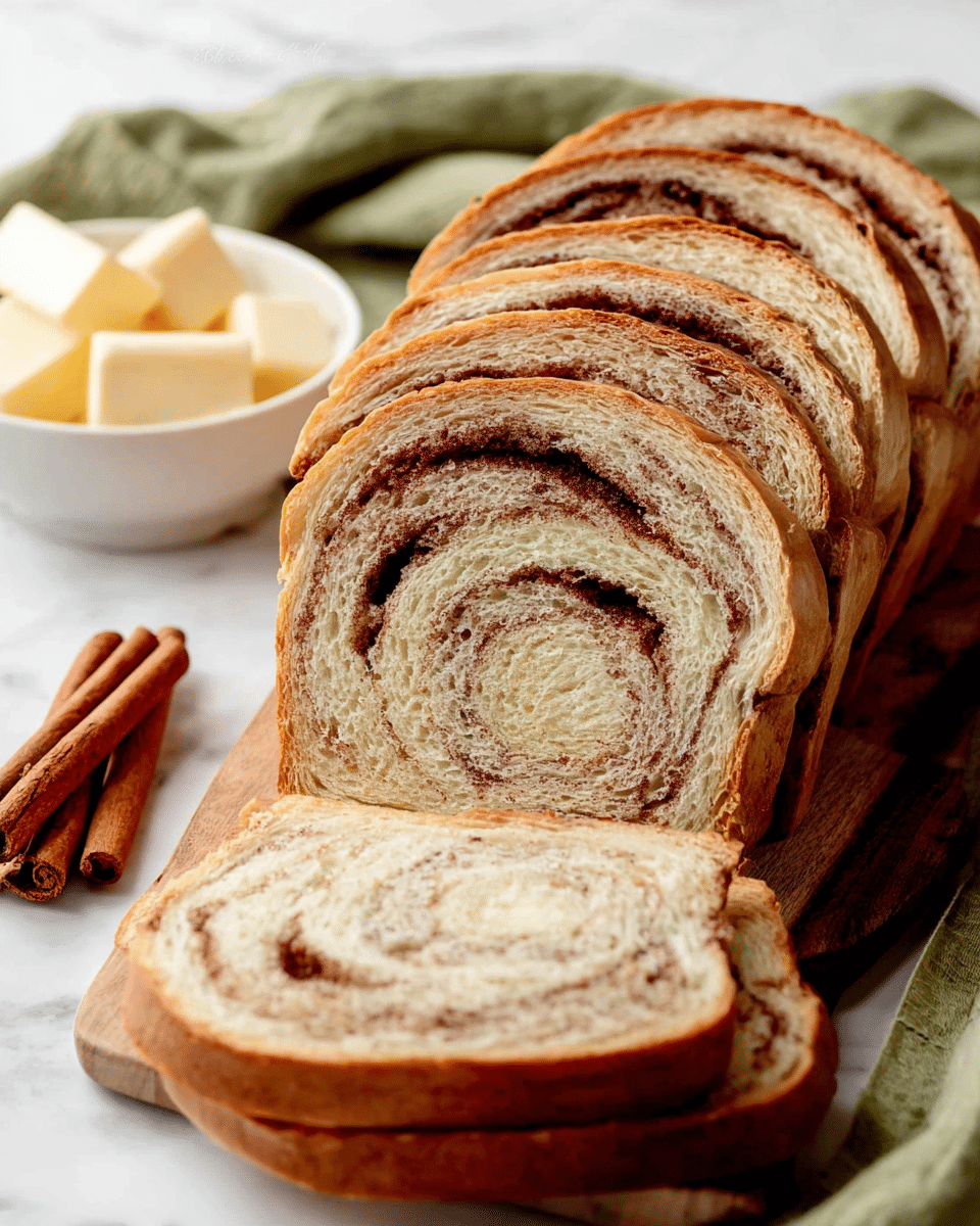 A white wooden board holds a loaf of sliced cinnamon swirl bread arranged in a slightly fanned shape, showing the light brown crust and the soft, fluffy interior with a dark brown cinnamon swirl pattern running through each slice in a circular motion. In front, there is a torn piece of bread showing its airy texture. Two cinnamon sticks lie next to the bread on the board. In the background, a white bowl contains several small squares of butter, next to a loosely folded green cloth. The scene rests on a white marbled texture surface. photo taken with an iphone --ar 4:5 --v 7