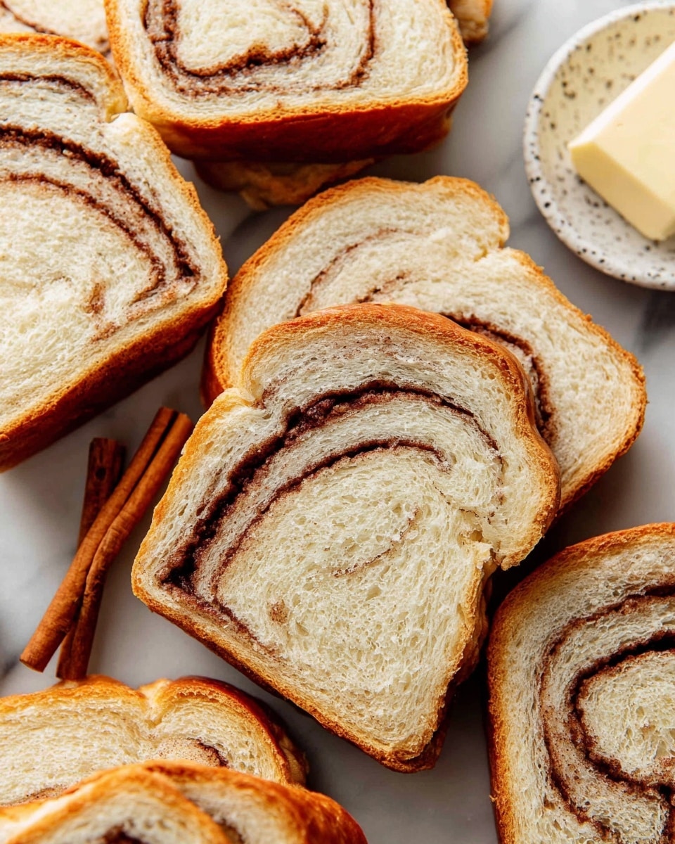 The image shows several slices of cinnamon swirl bread with a light golden crust and soft, fluffy white interior. Each slice has a single visible swirl of dark brown cinnamon filling twisting from the center outwards, contrasting with the pale bread. The slices are arranged closely on a white marbled surface. In the top right corner, a white speckled small bowl holds a square piece of butter. Next to the bread slices, two cinnamon sticks lie flat, adding a rustic touch. The texture of the bread looks soft and slightly airy photo taken with an iphone --ar 4:5 --v 7