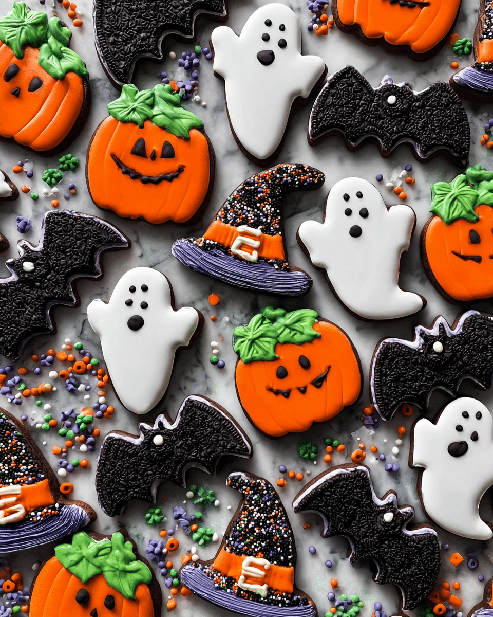 The image shows a group of Halloween cookies on a white marbled surface. There are four kinds of cookies: bright orange pumpkins with green leaves and black faces, white ghosts with two black eyes, black bats with white eyes and textured chocolate sprinkles on their bodies, and black witch hats decorated with orange or green small round sprinkles in stripes. The cookies are spread out and mixed with colorful sprinkles in green, orange, purple, white, and black, adding more color and texture to the scene. photo taken with an iphone --ar 4:5 --v 7