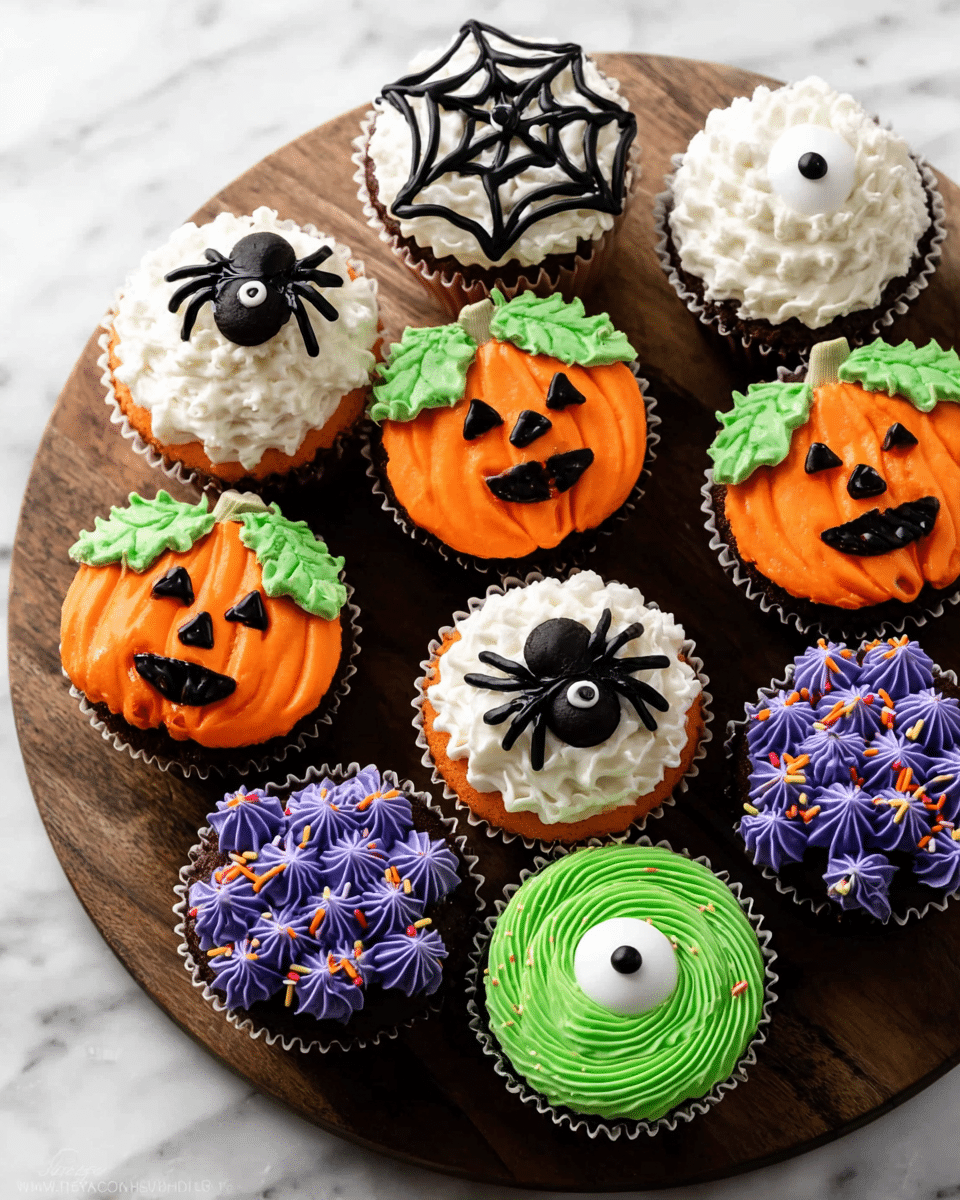 A round wooden board holds an assortment of ten Halloween-themed cupcakes, each with a single layer of colorful frosting and fun decorations on top. Three cupcakes feature bright orange frosting shaped like a pumpkin with green leaves and black jack-o'-lantern faces made from icing. Two cupcakes have white frosting with black spider webs piped on top and a small black cookie spider with white eyes sitting on the web. Three cupcakes are covered in purple star-shaped frosting with multiple white candy eyes and small colorful sprinkles scattered around. Two cupcakes show green frosting piped in a circular swirl with one large white candy eye in the center. The board sits on a white marbled surface, and the whole arrangement looks bright and festive. photo taken with an iphone --ar 4:5 --v 7