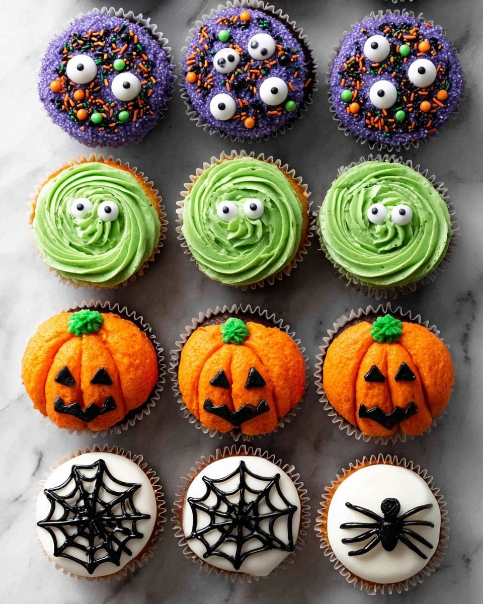 The image shows twelve Halloween-themed cupcakes arranged in four rows on a white marbled surface. The top row contains three cupcakes covered with bright purple frosting, each decorated with multiple small white candy eyes and tiny black, orange, and green sprinkles, giving a textured and whimsical look. The second row has three cupcakes with smooth, green frosting swirled neatly in a circular pattern, each topped with a single large candy eye in the center. The third row presents three cupcakes decorated like mini pumpkins with bright orange frosting shaped in ridged sections, black frosting used to create jagged triangle eyes and nose, and wavy mouths with a small green frosting stem on top. The bottom row features three cupcakes topped with smooth white frosting, decorated with black spider webs piped in intricate lines and a small black spider made with frosting and candy eyes sitting on the web. photo taken with an iphone --ar 4:5 --v 7