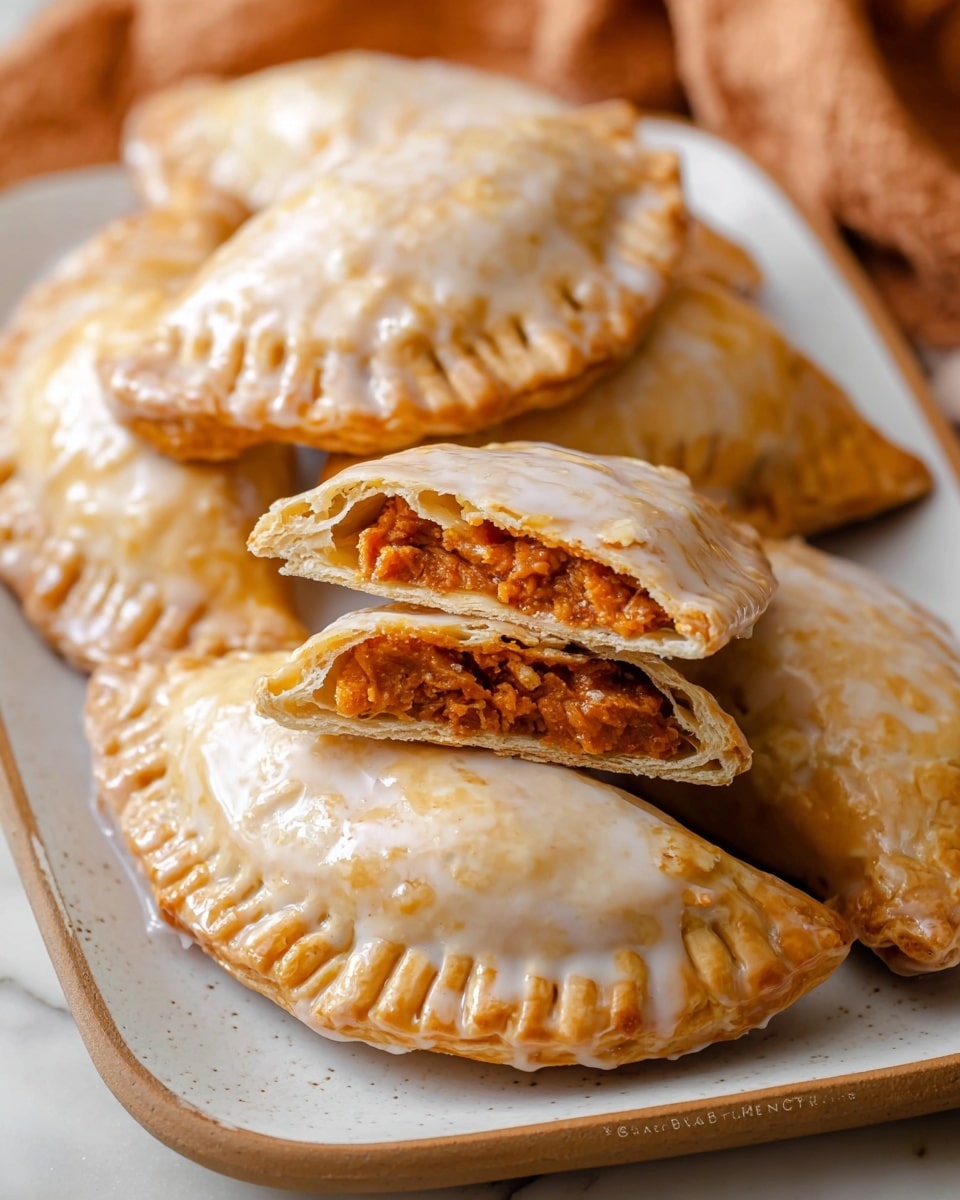 The image shows a close-up of several glazed hand pies on a white rectangular plate with a light brown rim, placed on a white marbled surface. Each hand pie is golden brown with a shiny, smooth glaze coating the top, making them look moist and sweet. One hand pie is cut in half and stacked, revealing a thick, textured orange filling inside, contrasting with the flaky, layered crust that looks crisp and light. The background includes a soft, warm-toned cloth in the corner, adding a cozy feel. photo taken with an iphone --ar 4:5 --v 7