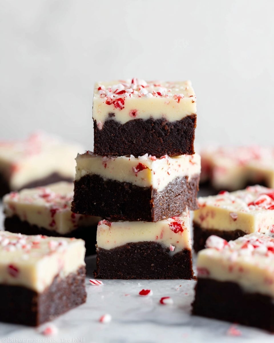 The image shows a stack of square brownies with two clear layers on a white marbled surface. The bottom layer is dark brown and looks dense and fudgy, while the top layer is creamy white with small red bits sprinkled throughout, adding a festive touch. Around the stack are more brownie squares placed flat, showing the same layered look, and the edges of the top layer are slightly rough. The light is soft and bright, highlighting the texture of both layers and the scattered red pieces. photo taken with an iphone --ar 4:5 --v 7