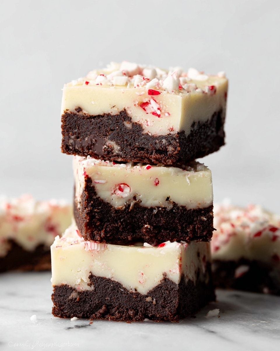 A stack of layered dessert bars on a white marbled surface shows three pieces with two distinct layers each: a bottom layer of dark, rich chocolate brownie with a rough, crumbly texture and a top layer of smooth, creamy white fudge speckled with small red peppermint bits. The top fudge layer is thick and slightly glossy with visible crushed peppermint throughout. One piece is slightly tilted against the stack, revealing the contrast between the dark brownie and the white peppermint fudge layers. photo taken with an iphone --ar 4:5 --v 7