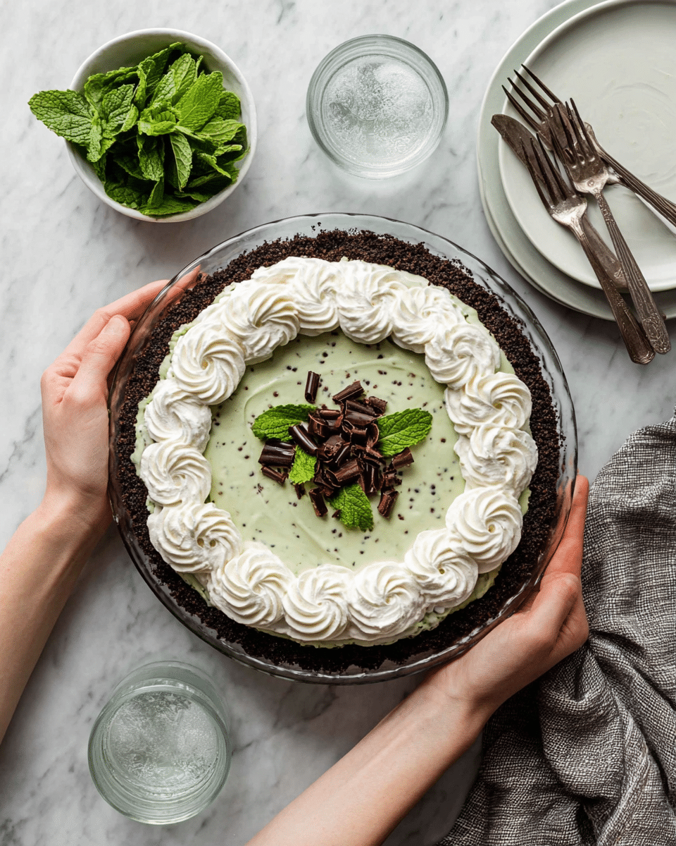 A three-layer dessert pie is held by a woman's hands over a white marbled surface. The bottom layer is a dark crumbly chocolate crust, forming a thick border around the pie dish. The middle layer is a pale green creamy filling with small dark specks, covering the entire pie area inside the crust. The top layer is a wide ring of white whipped cream piped in large wavy swirls around the center. In the middle, there are dark chocolate curls and fresh green mint leaves arranged neatly. Nearby, there is a small bunch of fresh mint in a round bowl and a stack of white plates with three forks on top. Two clear glasses of water with bubbles rest beside the pie. A textured gray cloth is partly shown on the right side. photo taken with an iphone --ar 4:5 --v 7