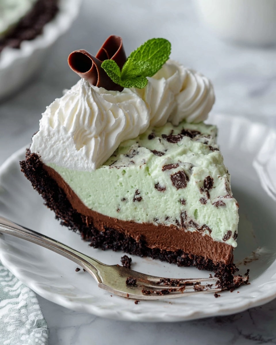 A slice of layered pie on a white plate with a slightly scalloped edge. The bottom layer is thick and dark brown, looking smooth and dense like chocolate. Above it is a thick pale green layer with small dark chocolate pieces mixed in, showing a creamy texture. On top of the green layer, there is a swirl of white whipped cream with soft, fluffy texture. A small dark brown chocolate curl is placed at the front edge of the whipped cream, along with a fresh green mint leaf on top. At the base of the plate, there is a silver fork with some pie remnants on its tines. The background has a white marbled texture. Photo taken with an iphone --ar 4:5 --v 7