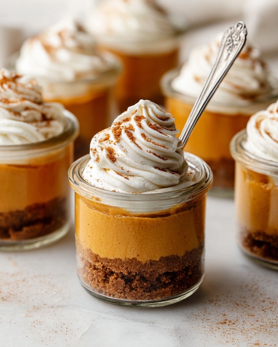 The image shows small glass jars filled with layered pumpkin dessert set on a white marbled surface. Each jar has three layers: a bottom layer of dark brown crumbly crust, a middle layer of smooth, orange pumpkin filling, and a top layer of white whipped cream with light brown cinnamon powder sprinkled on top. One jar in the front has a silver spoon inserted into the whipped cream, creating a focus point, while other jars are blurred softly in the background. The texture of the pumpkin filling looks creamy, and the whipped cream is swirled neatly in a spiral shape. Photo taken with an iphone --ar 4:5 --v 7