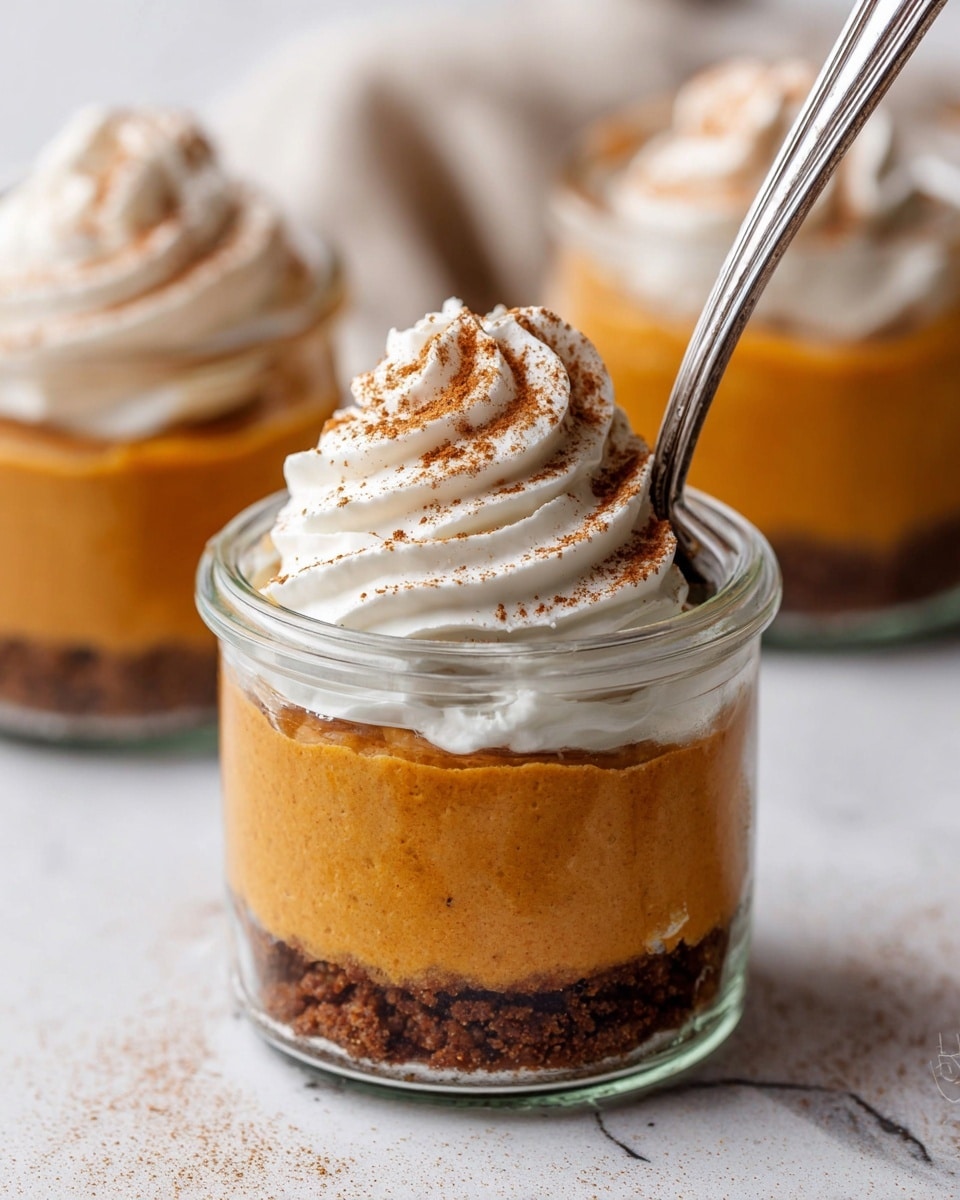 A clear glass jar dessert with three visible layers is shown on a white marbled surface. The bottom layer is a dark brown crumbly crust. The middle layer is a smooth, thick pumpkin orange filling, thick and creamy in texture. On top sits a large swirl of white whipped cream, dusted with a light sprinkle of cinnamon powder. A silver spoon is inserted into the jar, slightly pushing into the whipped cream. Another jar of the same dessert is blurred in the background. Photo taken with an iphone --ar 4:5 --v 7