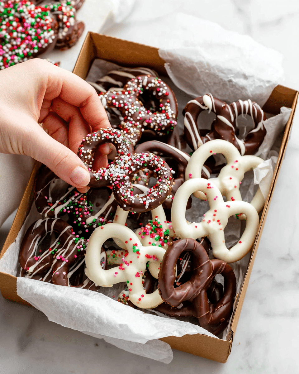 A cardboard box lined with white parchment paper holds an assortment of chocolate-covered pretzels. The pretzels come in two main colors: dark brown chocolate and white chocolate. Some of the white chocolate pretzels have tiny multicolored round sprinkles, mostly pink, yellow, and green, while some have red, white, and green sprinkles. The dark chocolate pretzels are plain or drizzle-striped with lighter chocolate, and one small pretzel is fully covered in dark chocolate with scattered pink and white sprinkles. A woman's hand is picking up a dark chocolate pretzel with drizzle stripes on top. The scene is set against a white marbled texture. Photo taken with an iphone --ar 4:5 --v 7